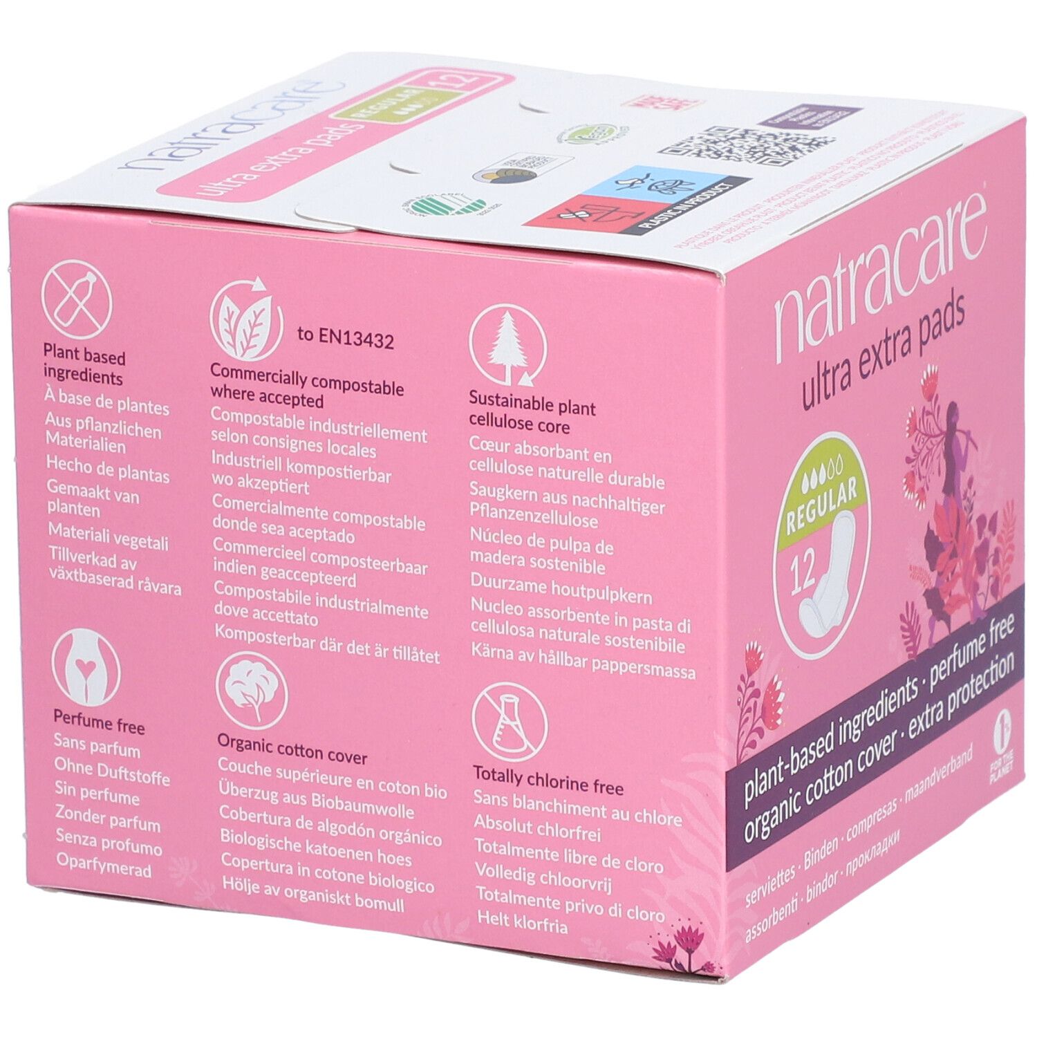 Rosa Verpackung mit Natracare Ultra Extra Pads. Aufschrift: 'plant-based ingredients, perfume free, organic cotton cover, extra protection'. Zertifizierungen.