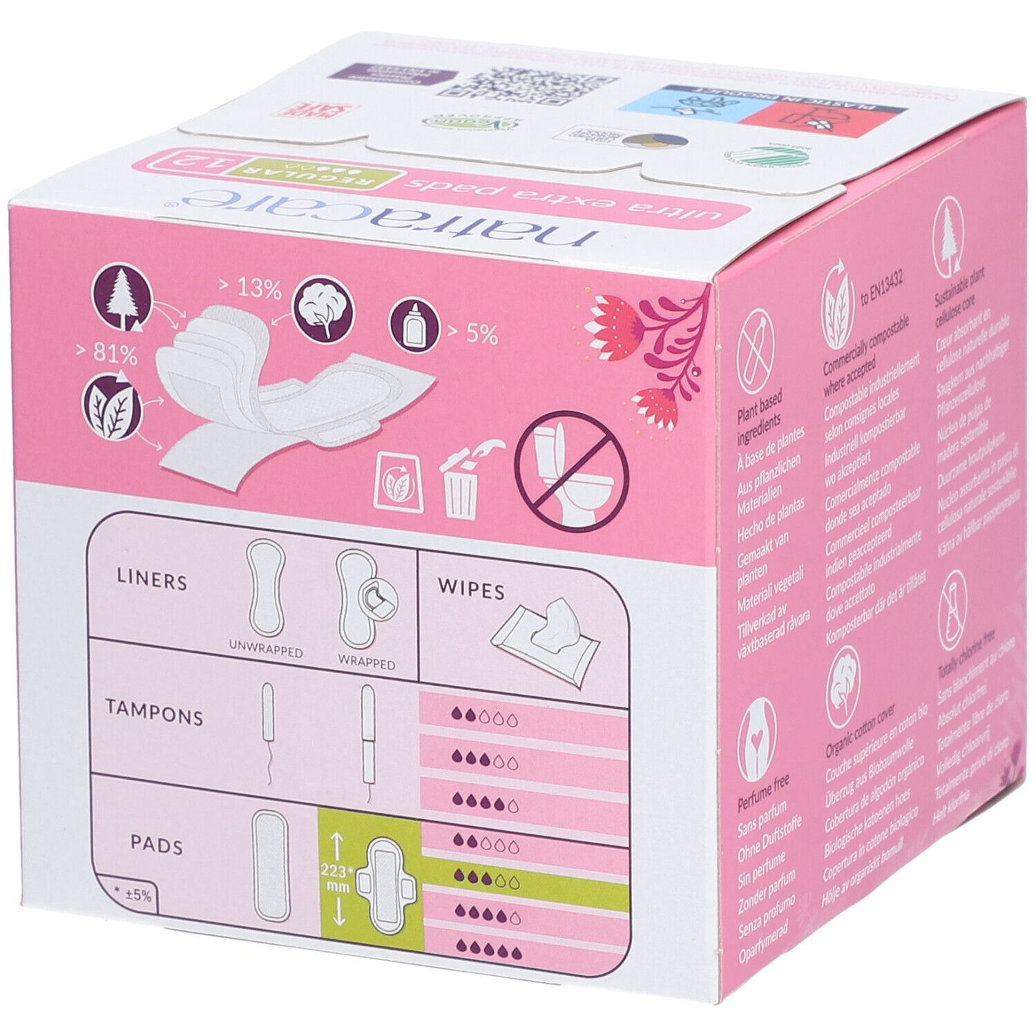 Rosa Verpackung mit Natracare Ultra Extra Pads. Illustrationen von Slipeinlagen, Tampons und Binden. Größenangaben und Piktogramme.