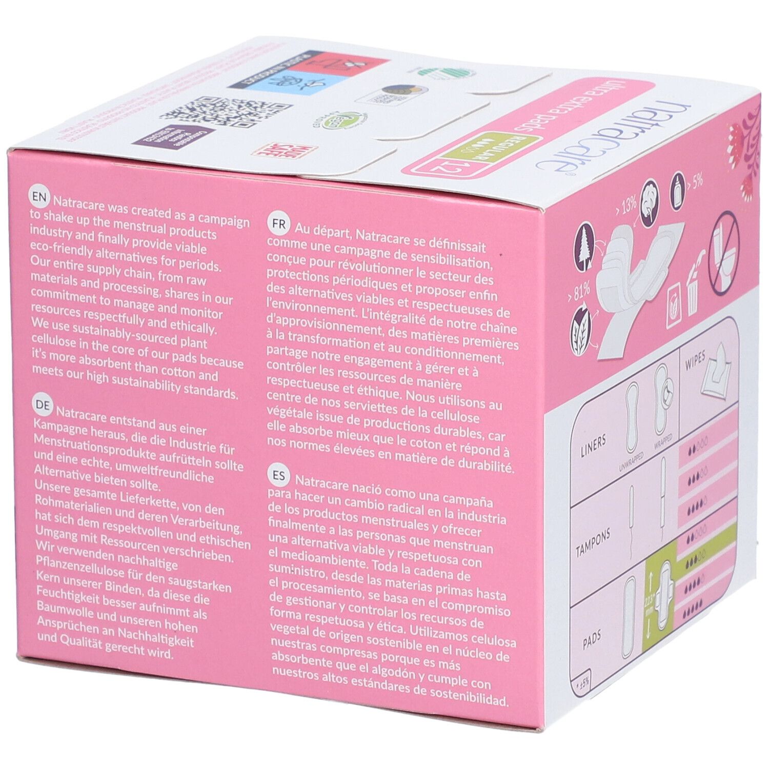 Rosa Verpackung mit Natracare Ultra Extra Pads. Text über die Marke und Nachhaltigkeit. Illustrationen von Produkten.