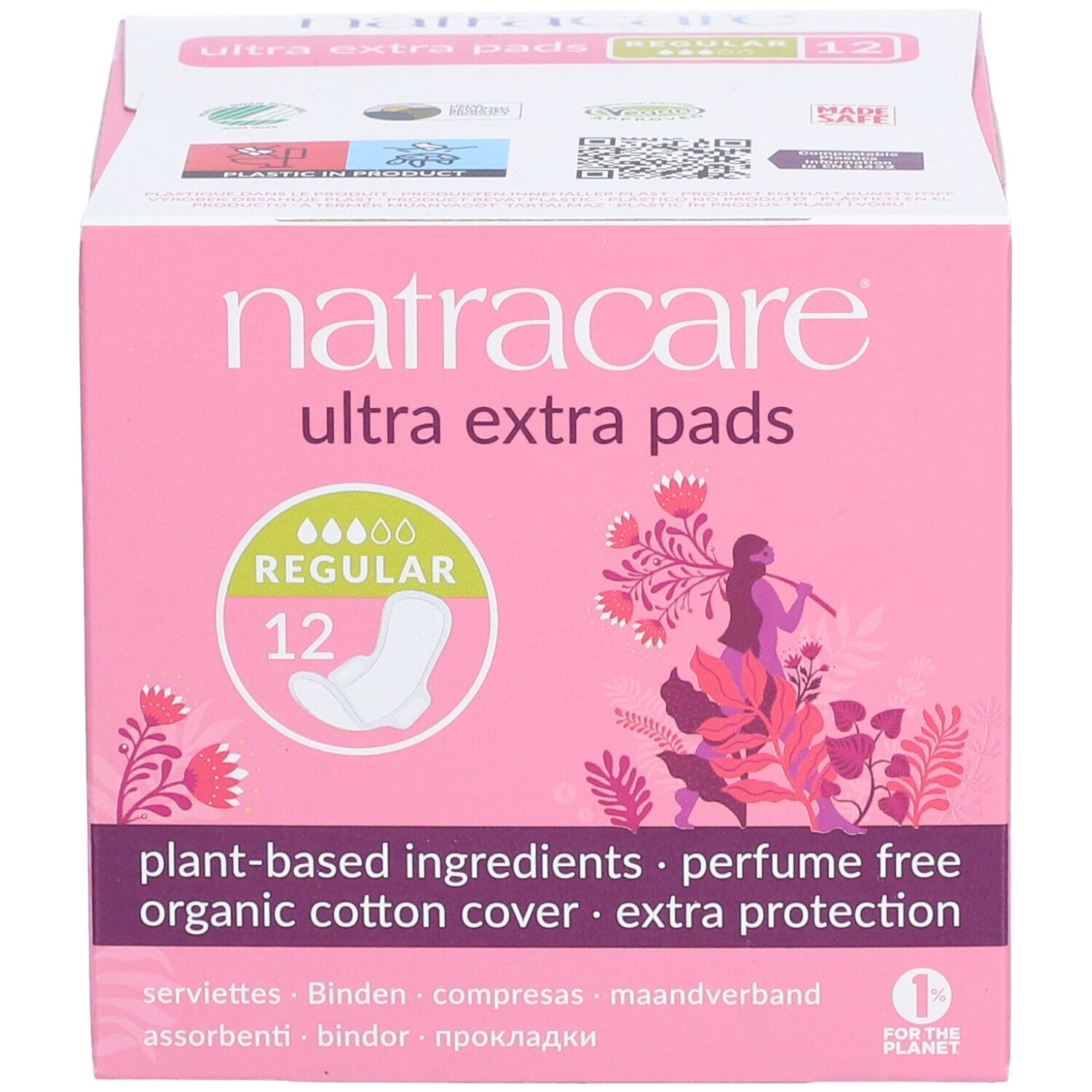 Rosa Verpackung Natracare Ultra Extra Pads. 12 Stück. Aufschrift: 'plant-based ingredients, perfume free, organic cotton cover, extra protection'.