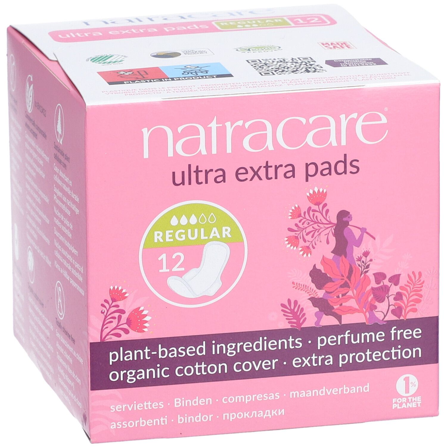 Rosa Verpackung Natracare Ultra Extra Pads. 12 Stück. Aufschrift: 'plant-based ingredients, perfume free, organic cotton cover, extra protection'.