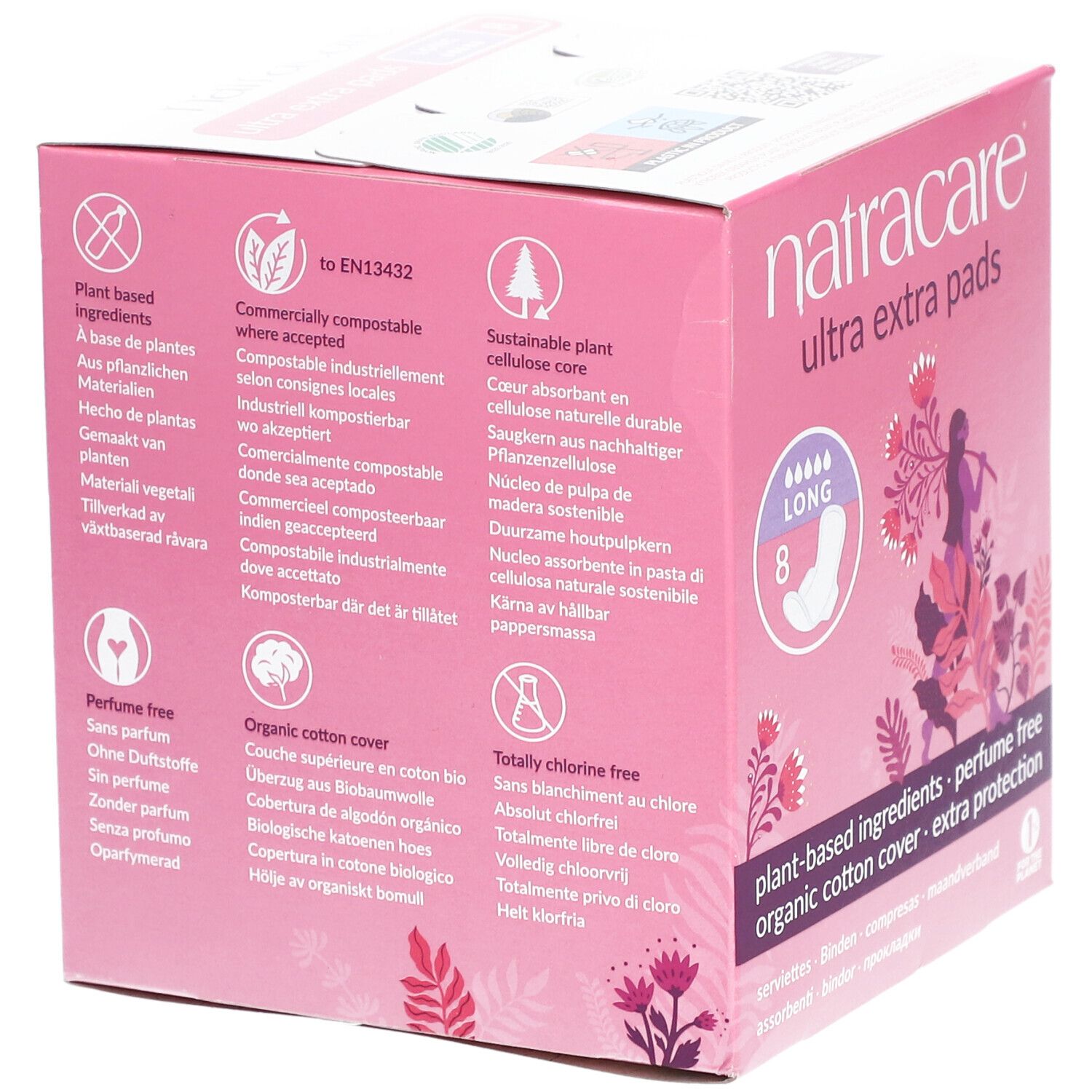 Rückseite der rosa Natracare Ultra Extra Pads Verpackung. Text über kompostierbarkeit, nachhaltige Zellulose, Baumwoll-Oberfläche, chlorfrei.