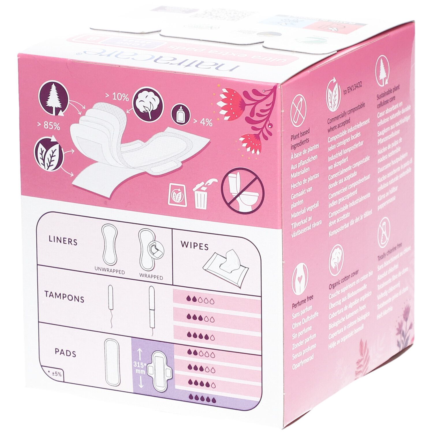 Seite der rosa Natracare Ultra Extra Pads Verpackung. Grafiken: Binden, Tampons, Slipeinlagen. Informationen zu Inhaltsstoffen und Zertifizierungen.