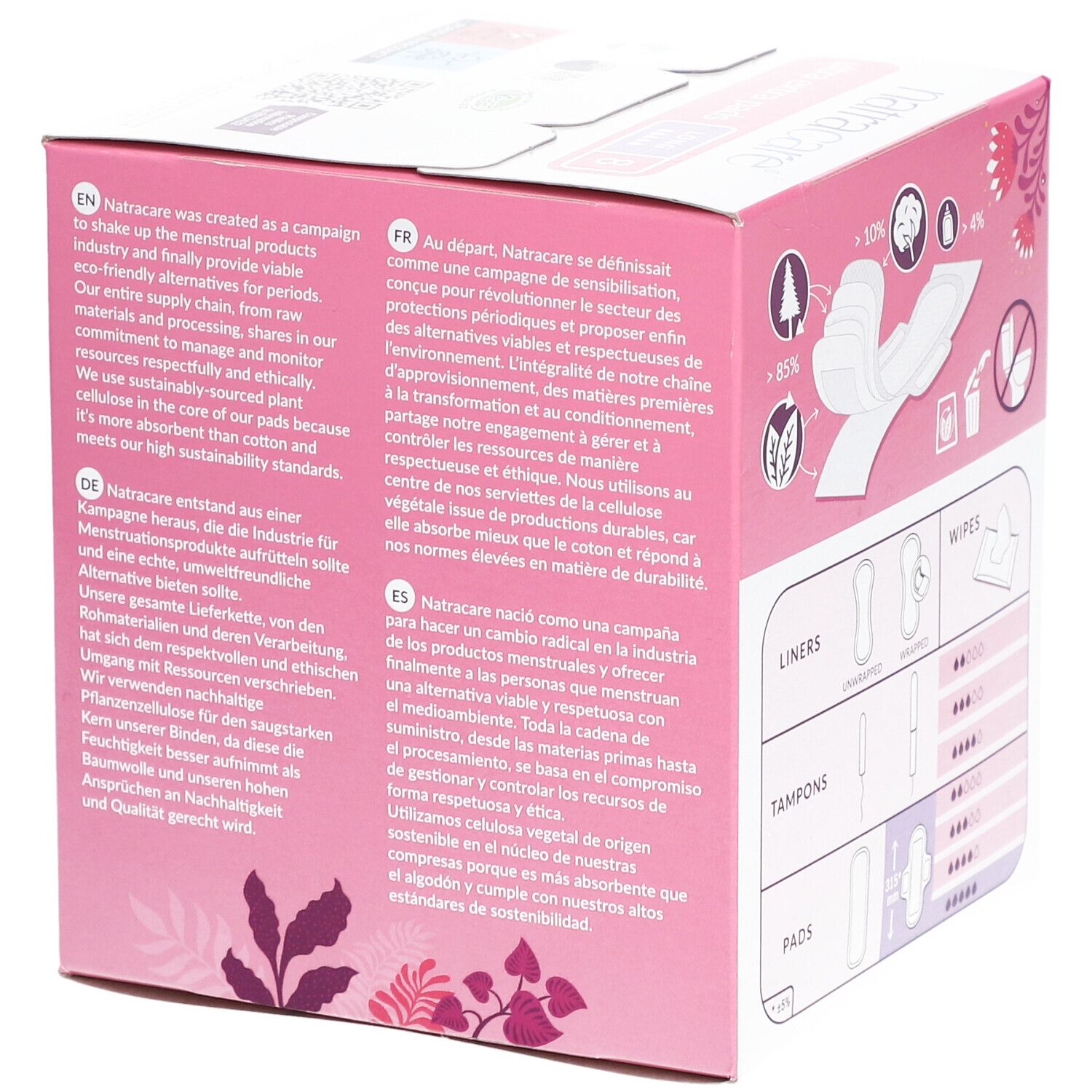 Seite der rosa Natracare Ultra Extra Pads Verpackung. Text über die Marke und Nachhaltigkeit. Informationen über die Inhaltsstoffe und die Herstellung.