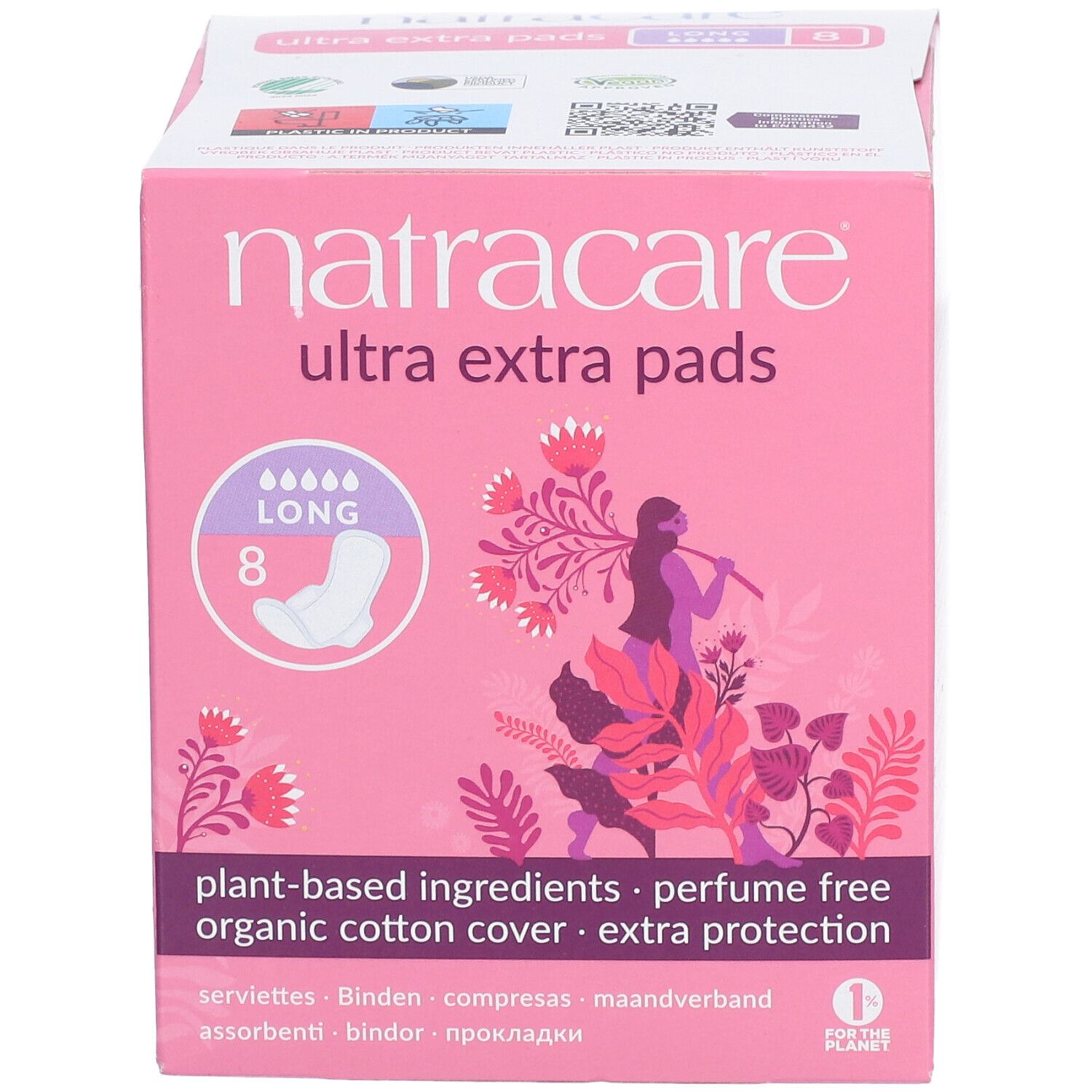 Rosa Natracare Ultra Extra Pads Verpackung. Enthält 8 lange Binden. Aufdrucke: Pflanzenbasierte Inhaltsstoffe, parfümfrei, Bio-Baumwoll-Oberfläche.