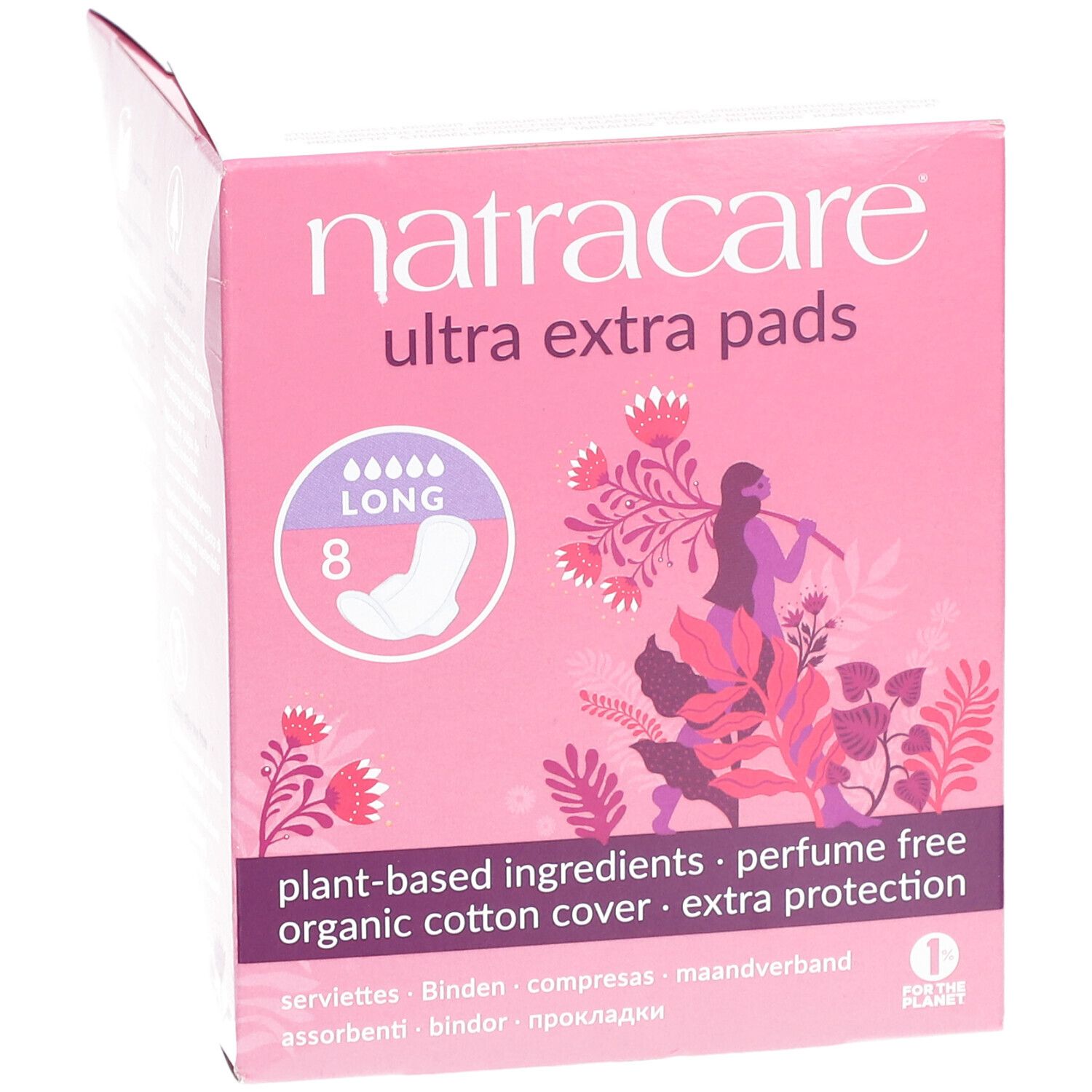 Rosa Natracare Ultra Extra Pads Verpackung, leicht geöffnet. Enthält 8 lange Binden. Aufdrucke: Pflanzenbasierte Inhaltsstoffe, parfümfrei, Bio-Baumwoll-Oberfläche.