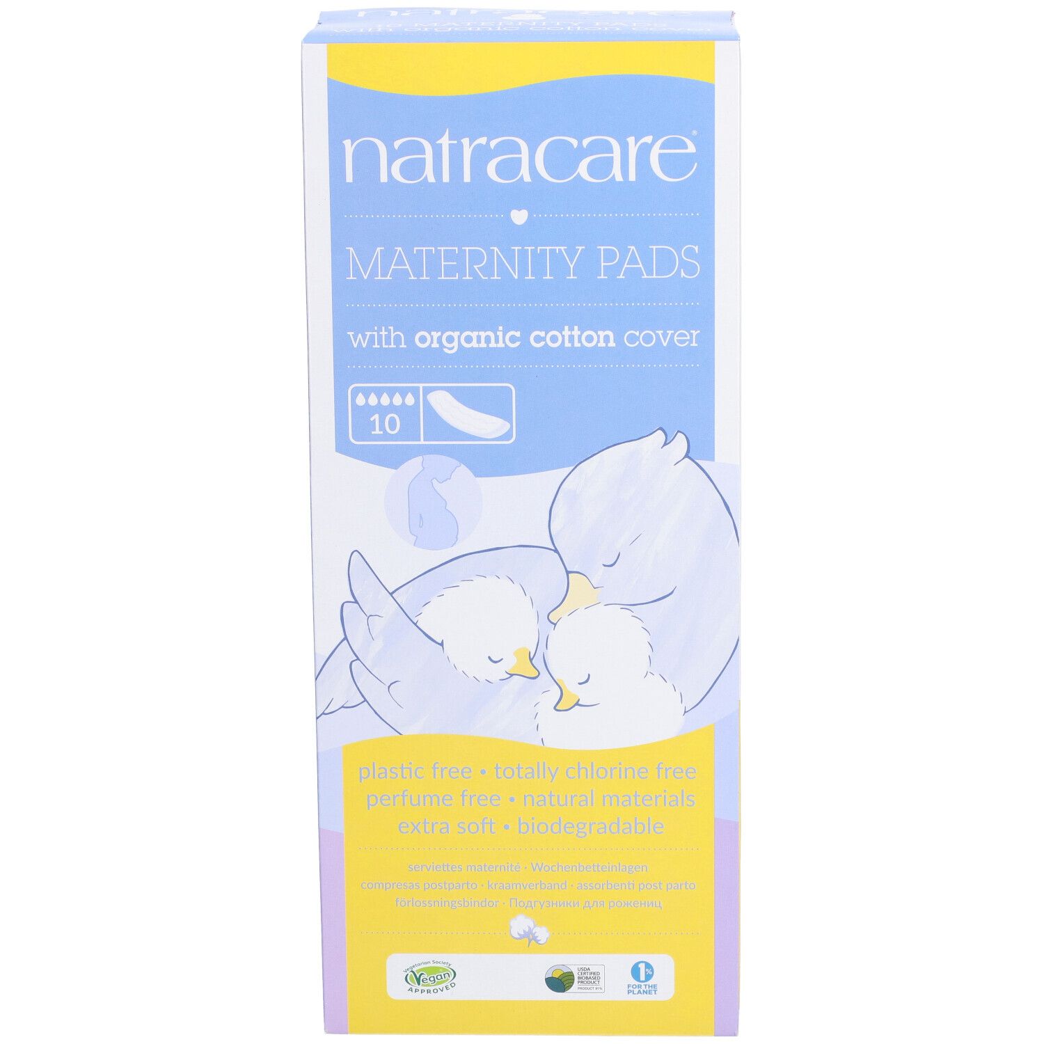 Vorderseite der Natracare Maternity Pads Verpackung. 10 Stück, mit Bio-Baumwollbezug. Illustration von Vögeln.