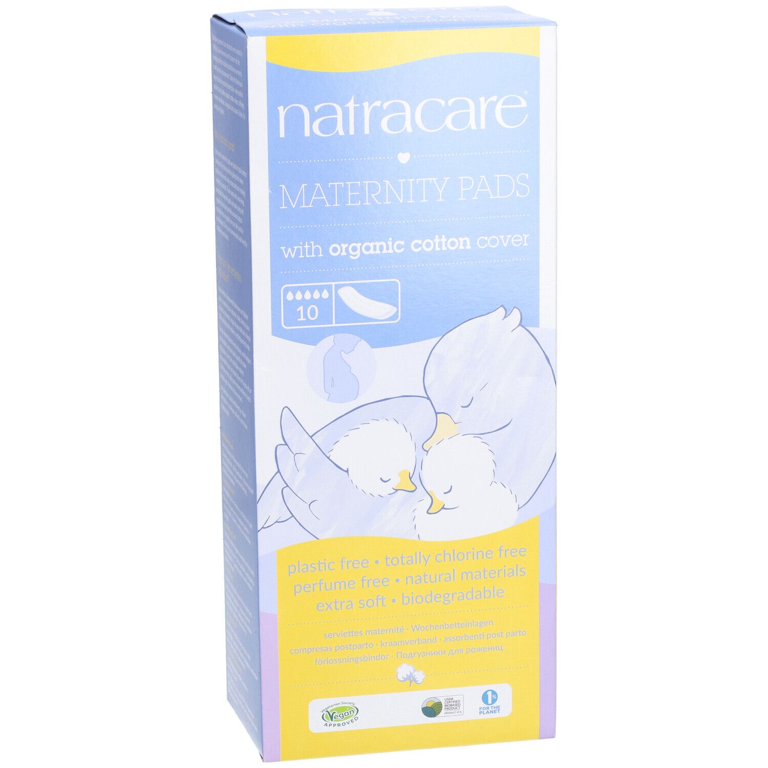 Vorderseite der Natracare Maternity Pads Verpackung. 10 Stück, mit Bio-Baumwollbezug. Illustration von Vögeln.