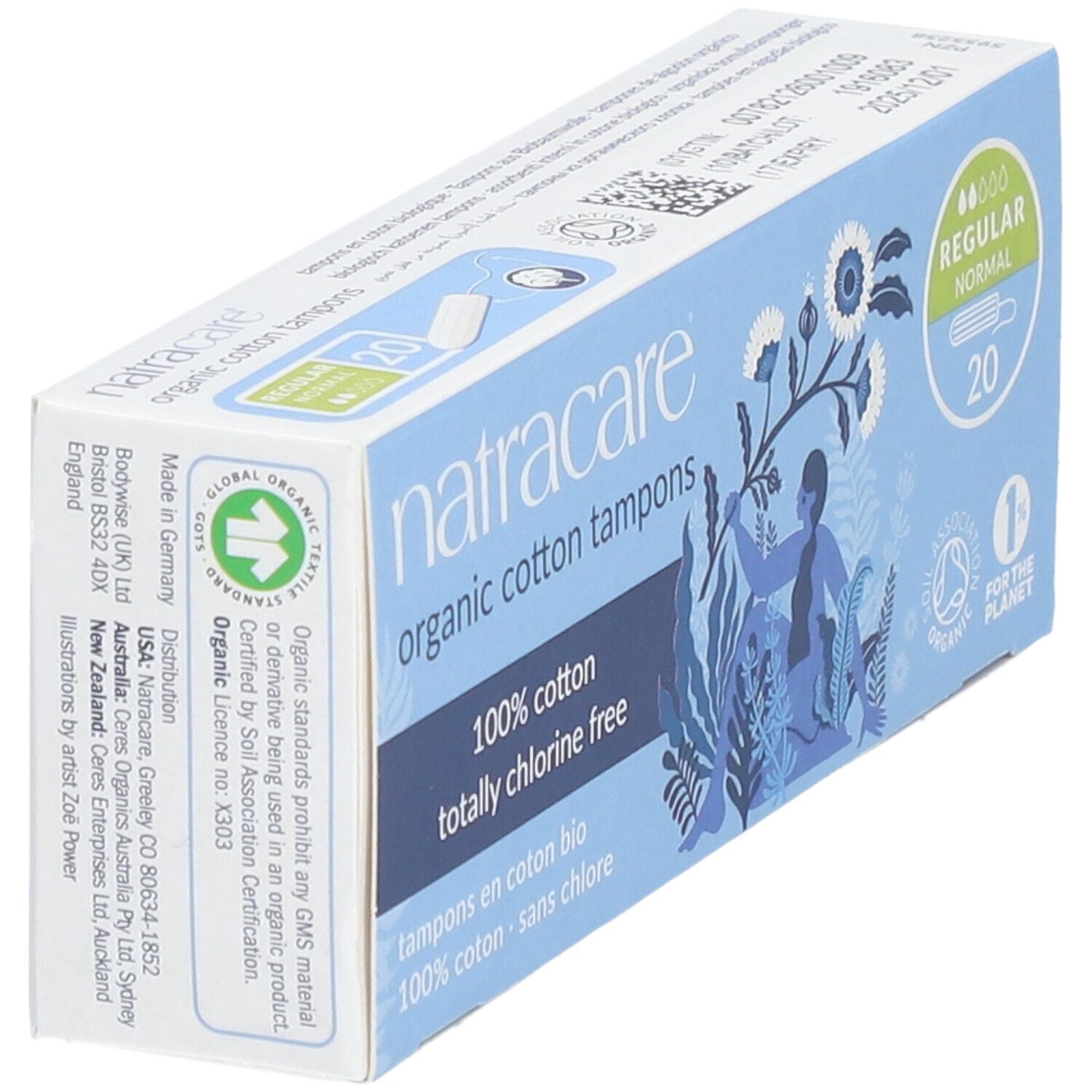 Schachtel mit Tampons, schräg. Aufschrift: Natracare, 100% Baumwolle, ohne Chlor. 20 Stück. Siegel: Organic, 1% for the Planet.