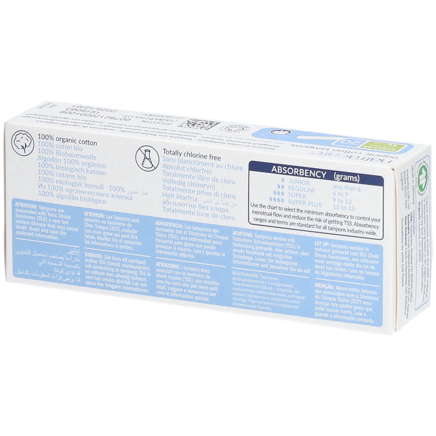 Rückseite der Tampon-Schachtel. Text in mehreren Sprachen. Informationen zur Saugfähigkeit. Siegel: Organic, Recycling.