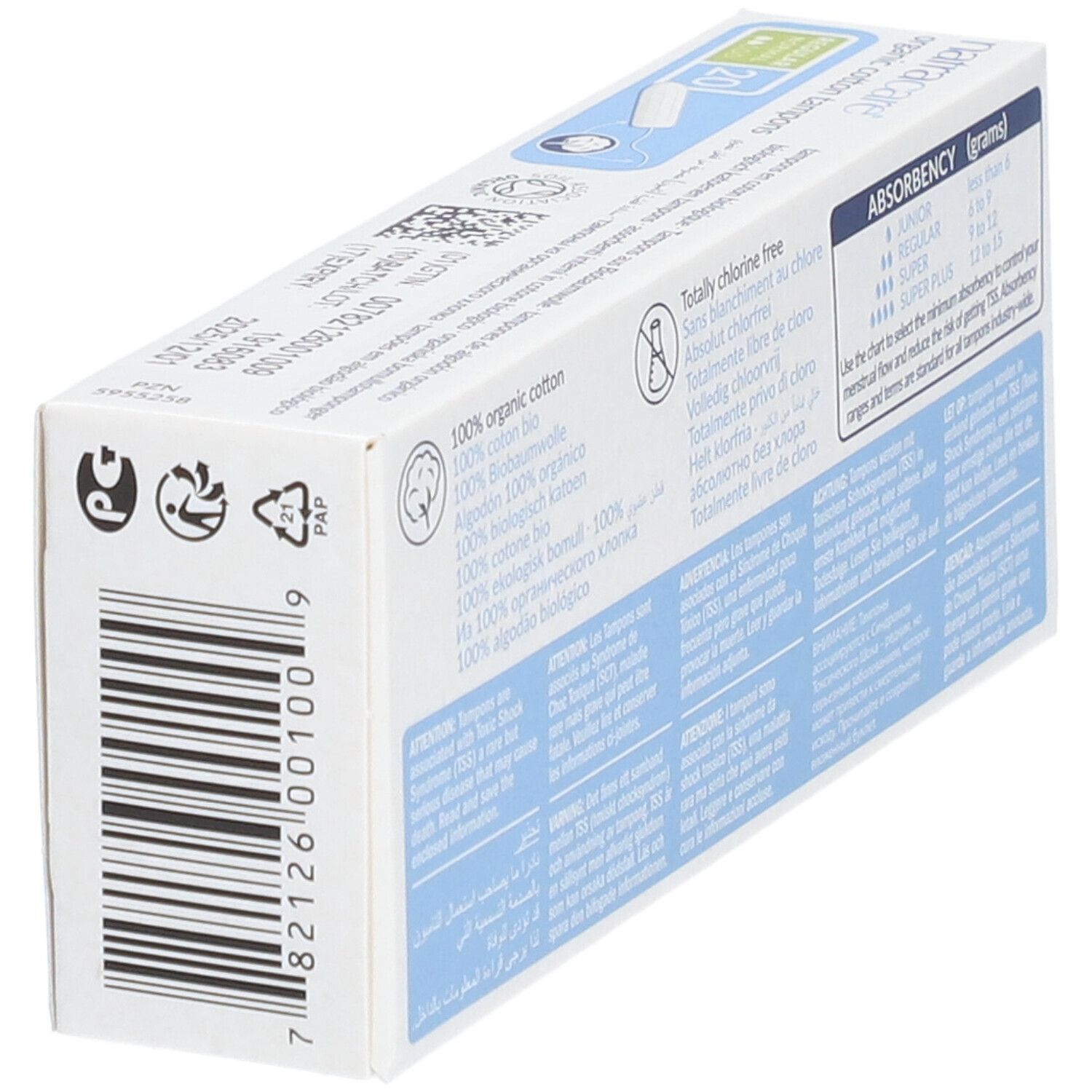 Schachtel-Rückseite mit Text und Recycling-Symbolen. Informationen zur Saugfähigkeit. Barcode.