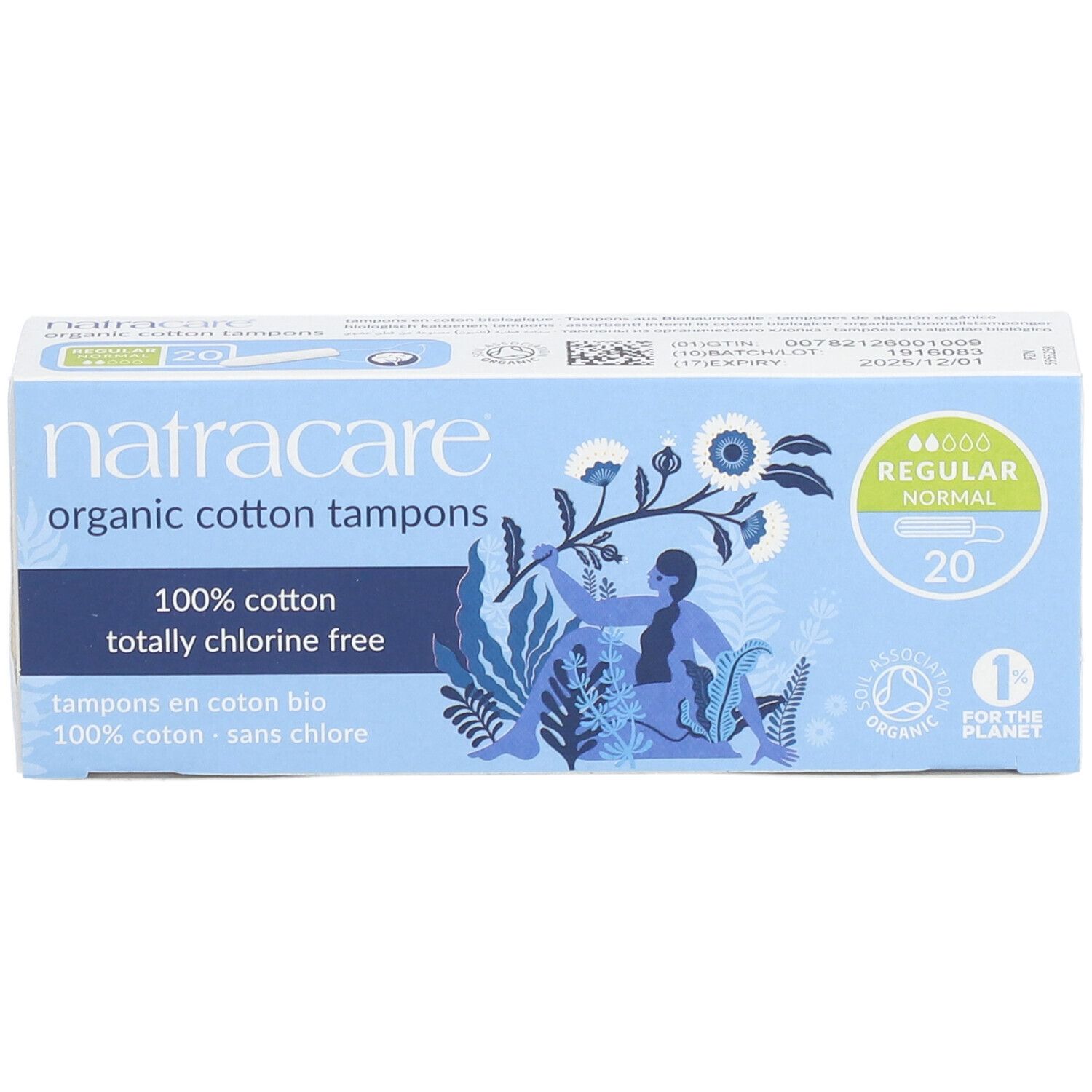 Hellblaue Schachtel mit Tampons. Aufschrift: Natracare, 100% Baumwolle, ohne Chlor. 20 Stück. Siegel: Organic, 1% for the Planet.