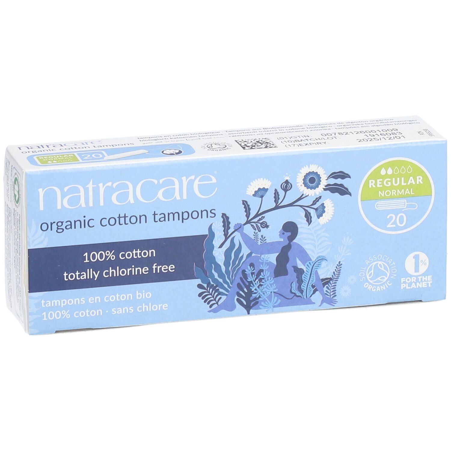 Hellblaue Schachtel mit Tampons. Aufschrift: Natracare, 100% Baumwolle, ohne Chlor. 20 Stück. Siegel: Organic, 1% for the Planet.