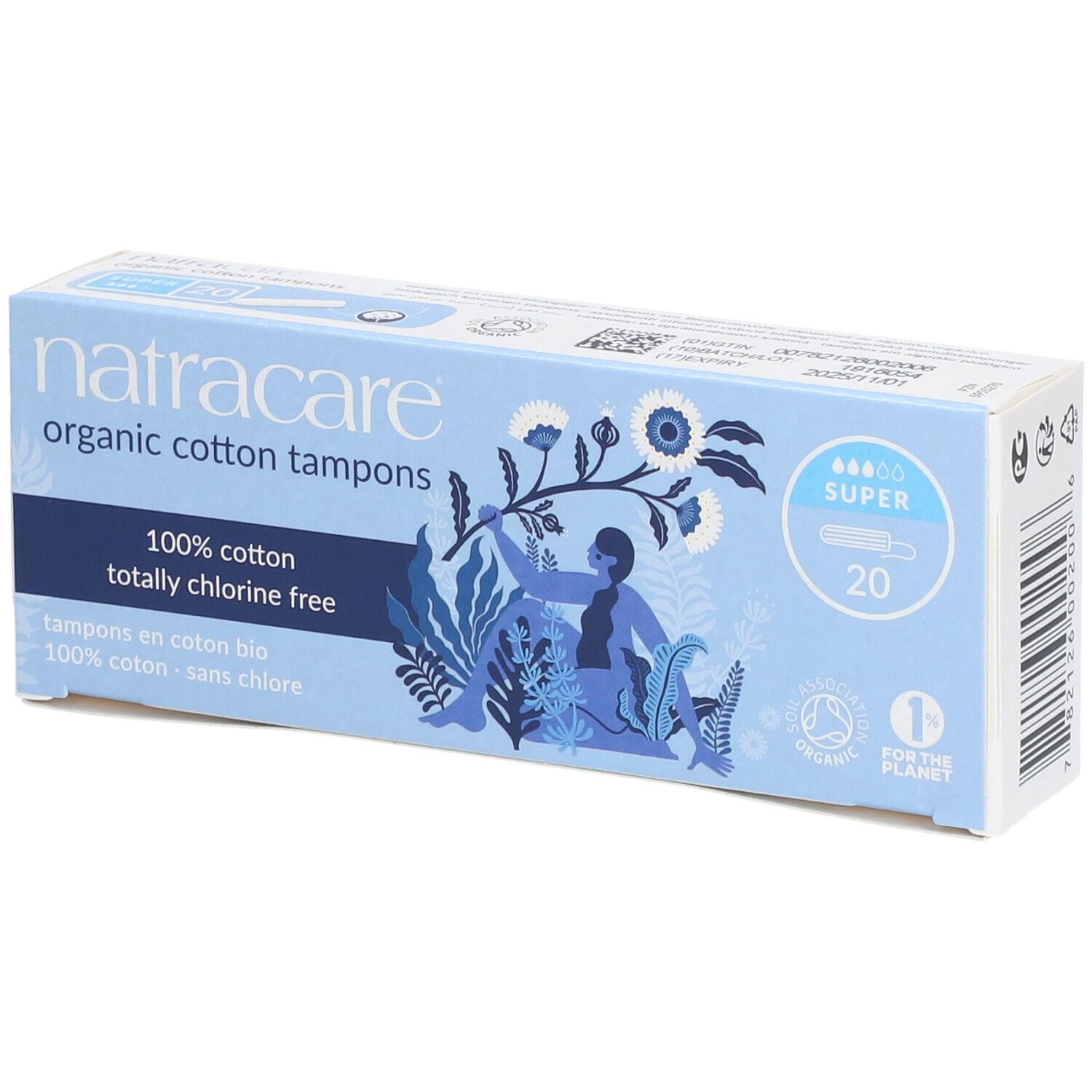 Schachtel mit Tampons. Aufschrift: Natracare, Bio-Baumwolle, 100% chlorfrei. 20 Stück, Super. Illustration.
