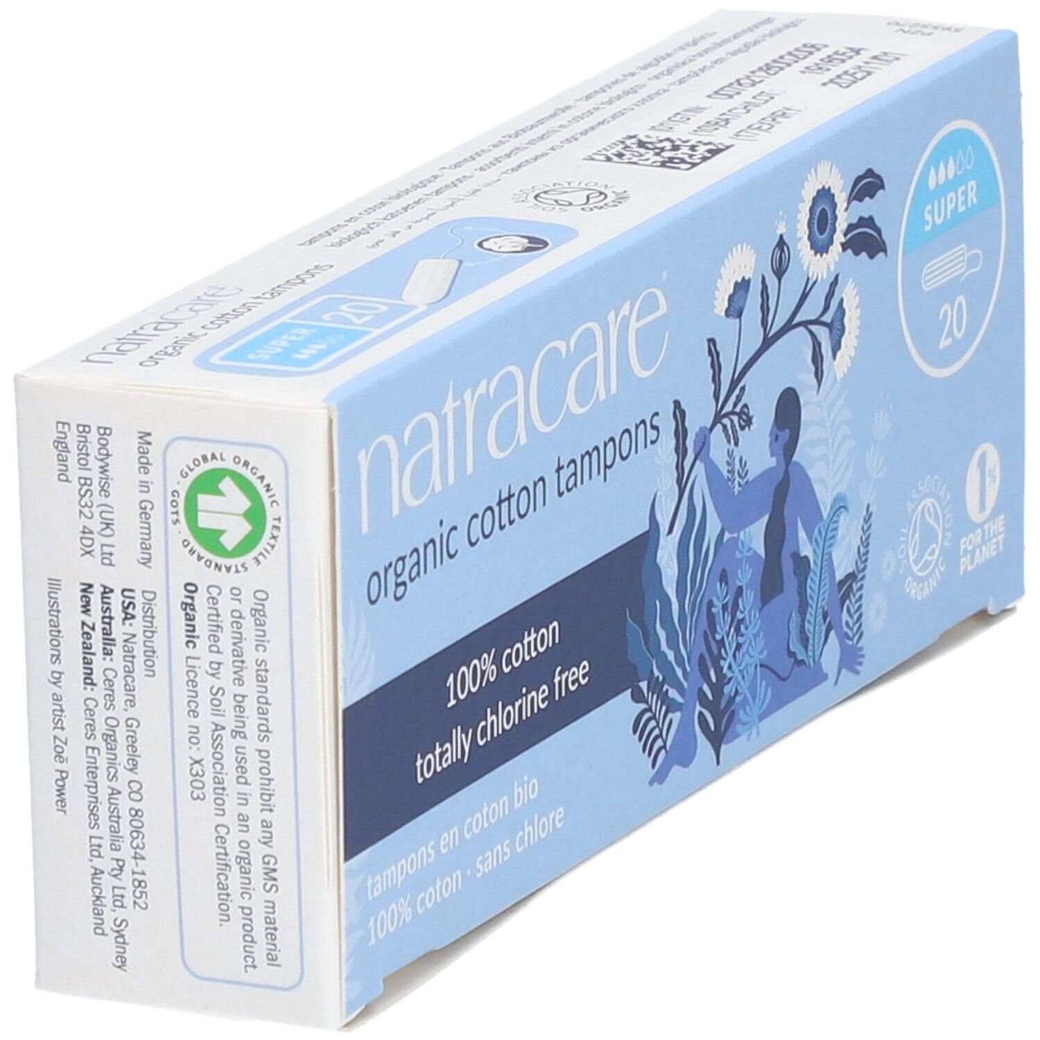 Schachtel mit Tampons. Aufschrift: Natracare, Bio-Baumwolle, 100% chlorfrei. 20 Stück, Super. Schrägansicht.