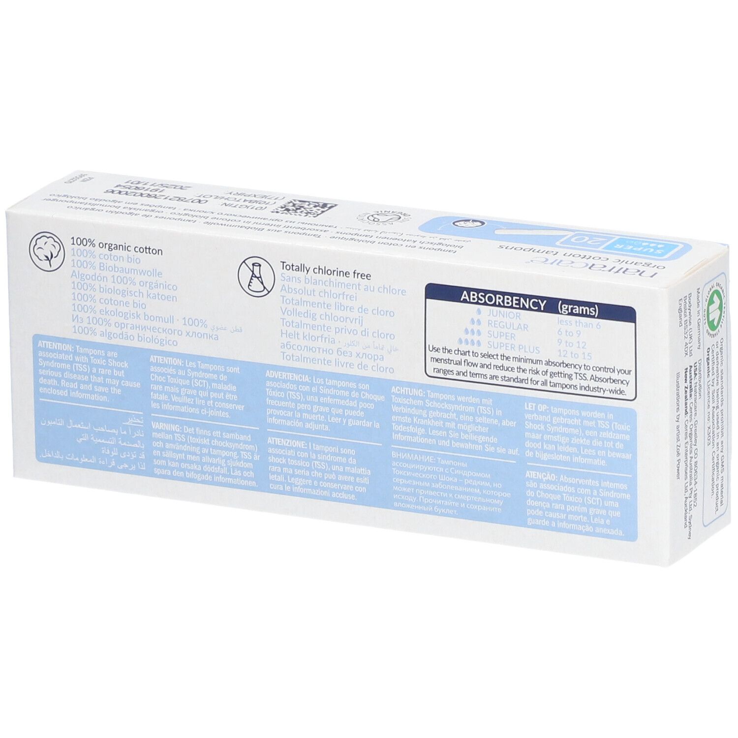 Rückseite der Tampon-Verpackung. Text: 100% Bio-Baumwolle, 100% chlorfrei. Informationen zur Absorption in Gramm.