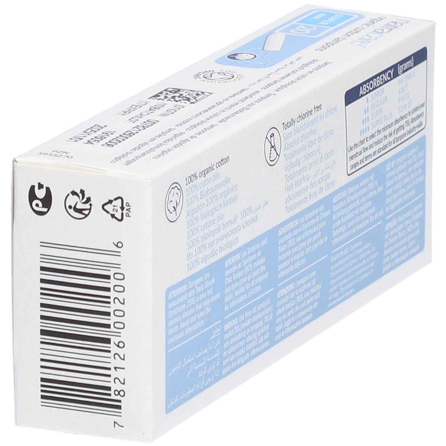 Rückseite der Tampon-Verpackung. Text: 100% Bio-Baumwolle, 100% chlorfrei. Barcode und Recycling-Symbole.