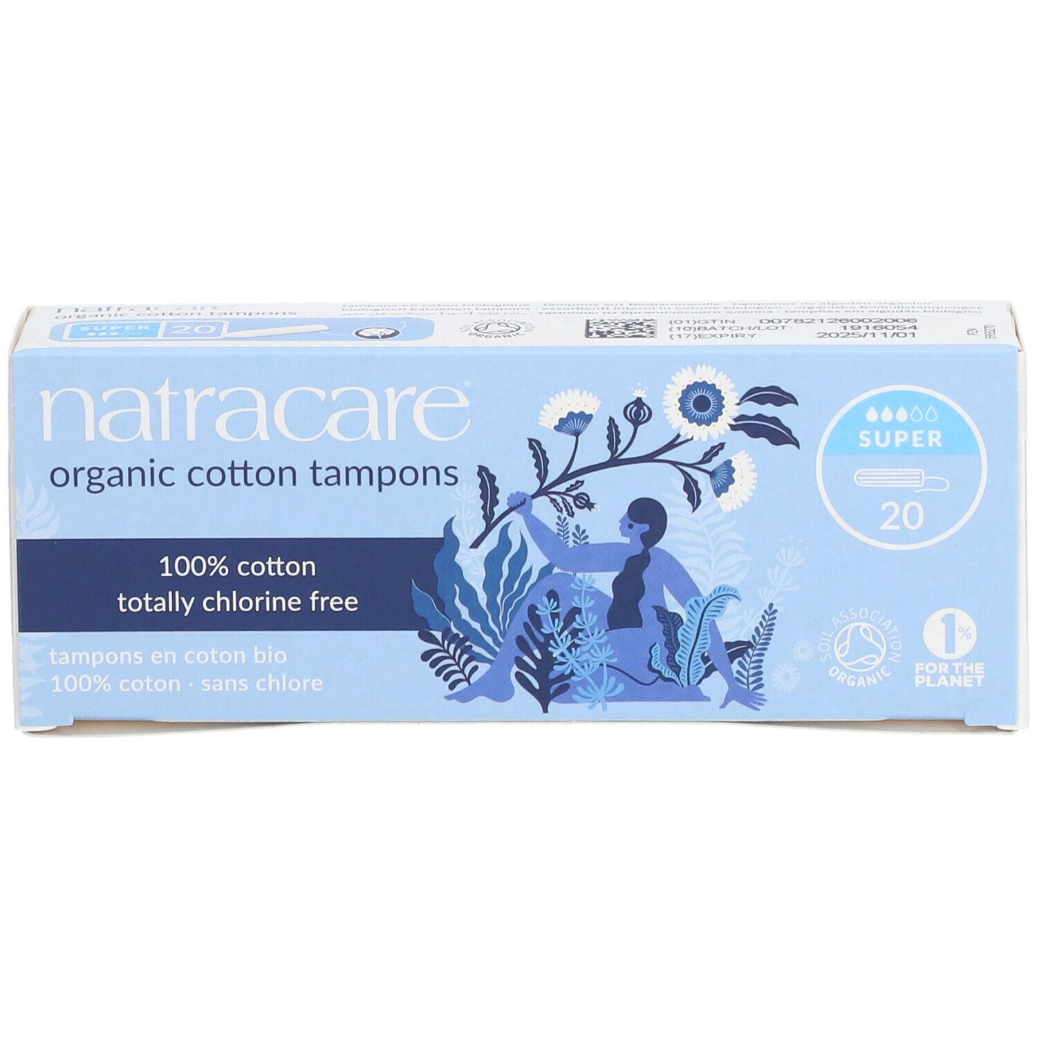Schachtel mit Tampons. Aufschrift: Natracare, Bio-Baumwolle, 100% chlorfrei. 20 Stück, Super. Illustration.