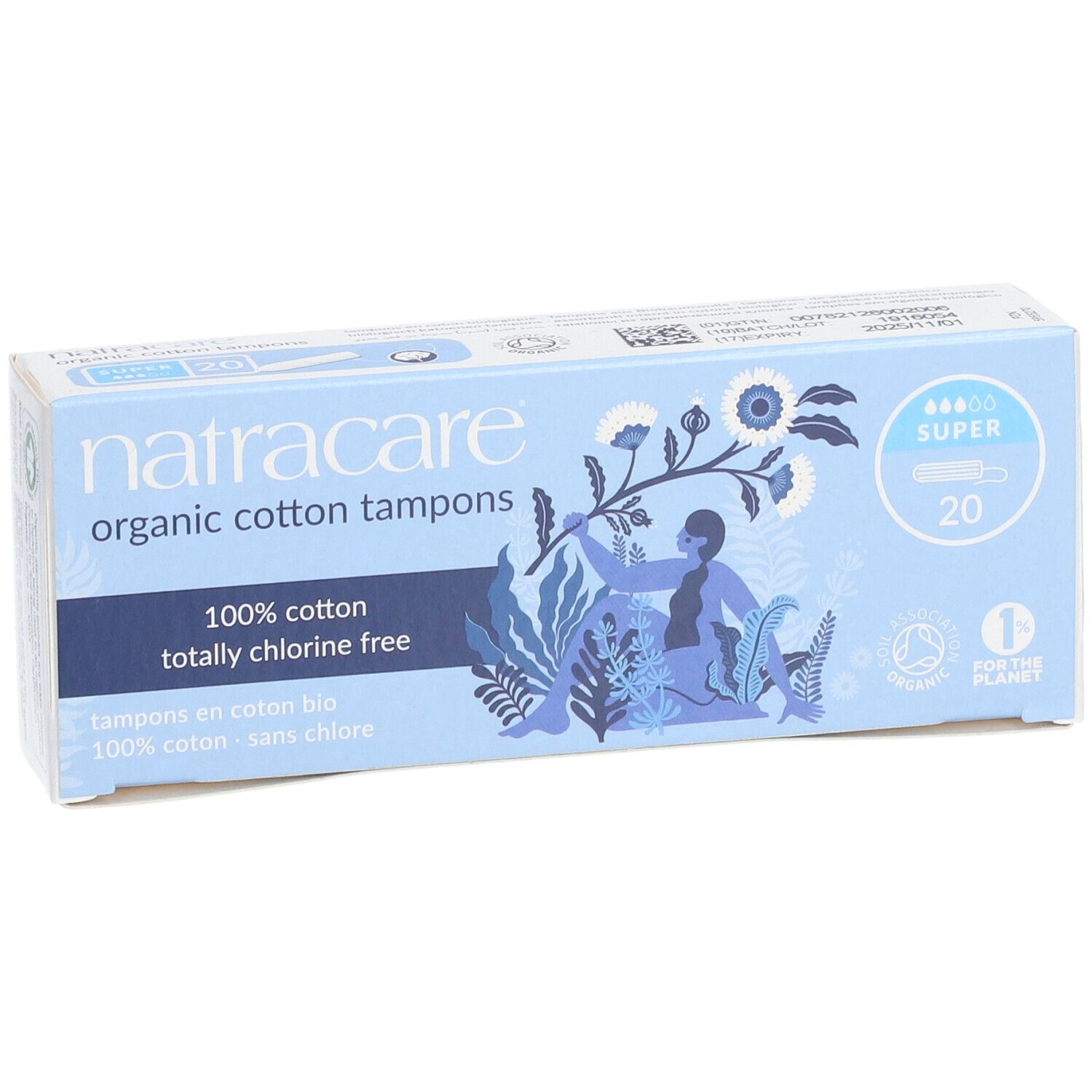 Schachtel mit Tampons. Aufschrift: Natracare, Bio-Baumwolle, 100% chlorfrei. 20 Stück, Super. Illustration.