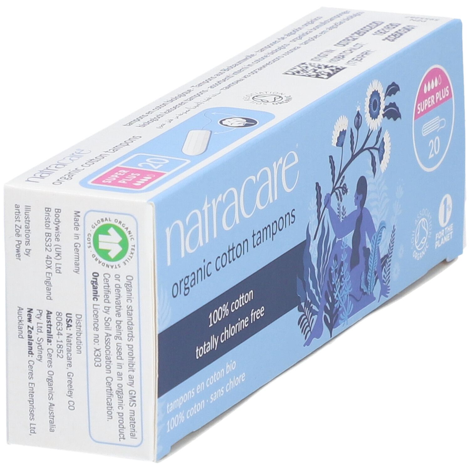 Schachtel mit Tampons, schräg. Aufschrift: Natracare, organic cotton tampons, Super Plus, 20 Stück. Mit Illustrationen und Zertifizierungen.