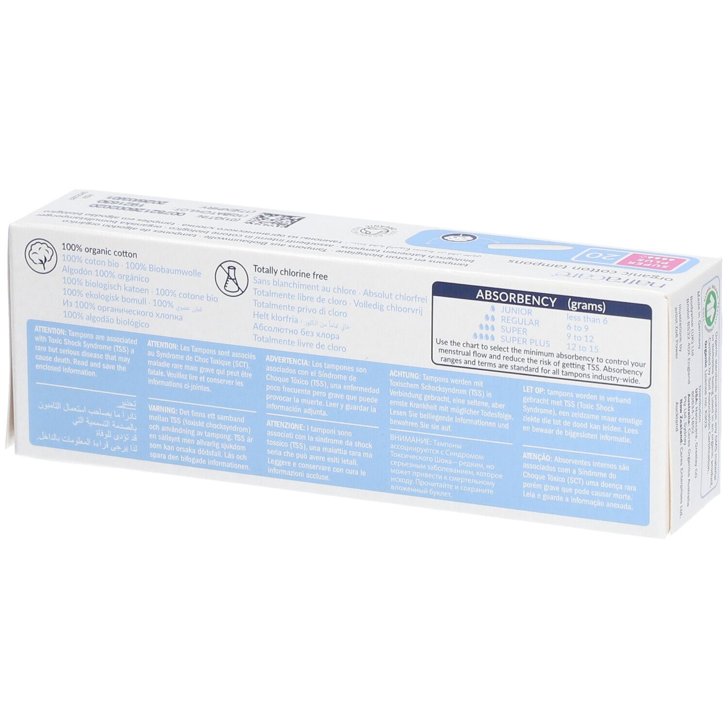 Rückseite der Tampon-Schachtel. Text in mehreren Sprachen. Informationen zur Absorption. Zertifizierungen und Recycling-Symbole.