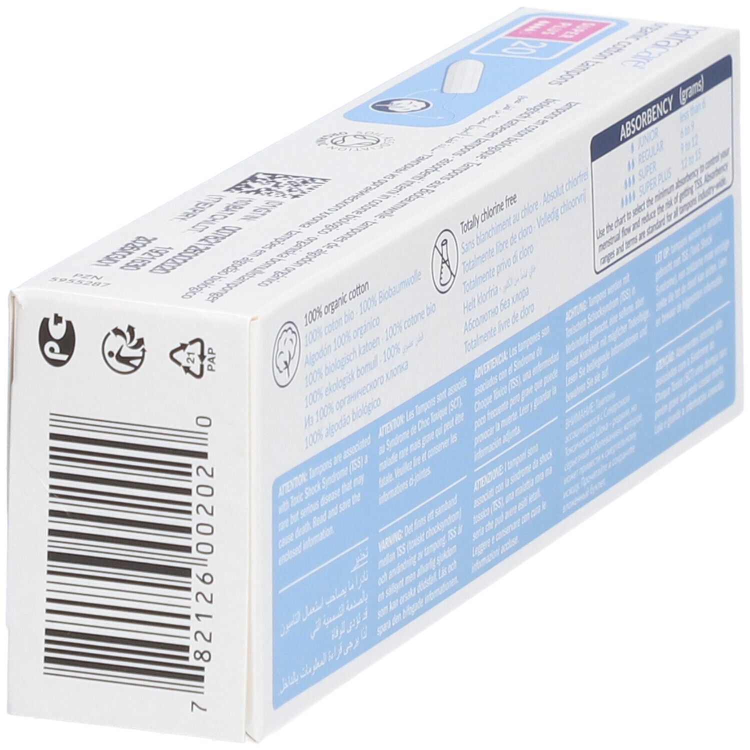 Schräg liegende Tampon-Schachtel. Rückseite mit Text, Barcode und Recycling-Symbolen. Informationen zur Absorption.