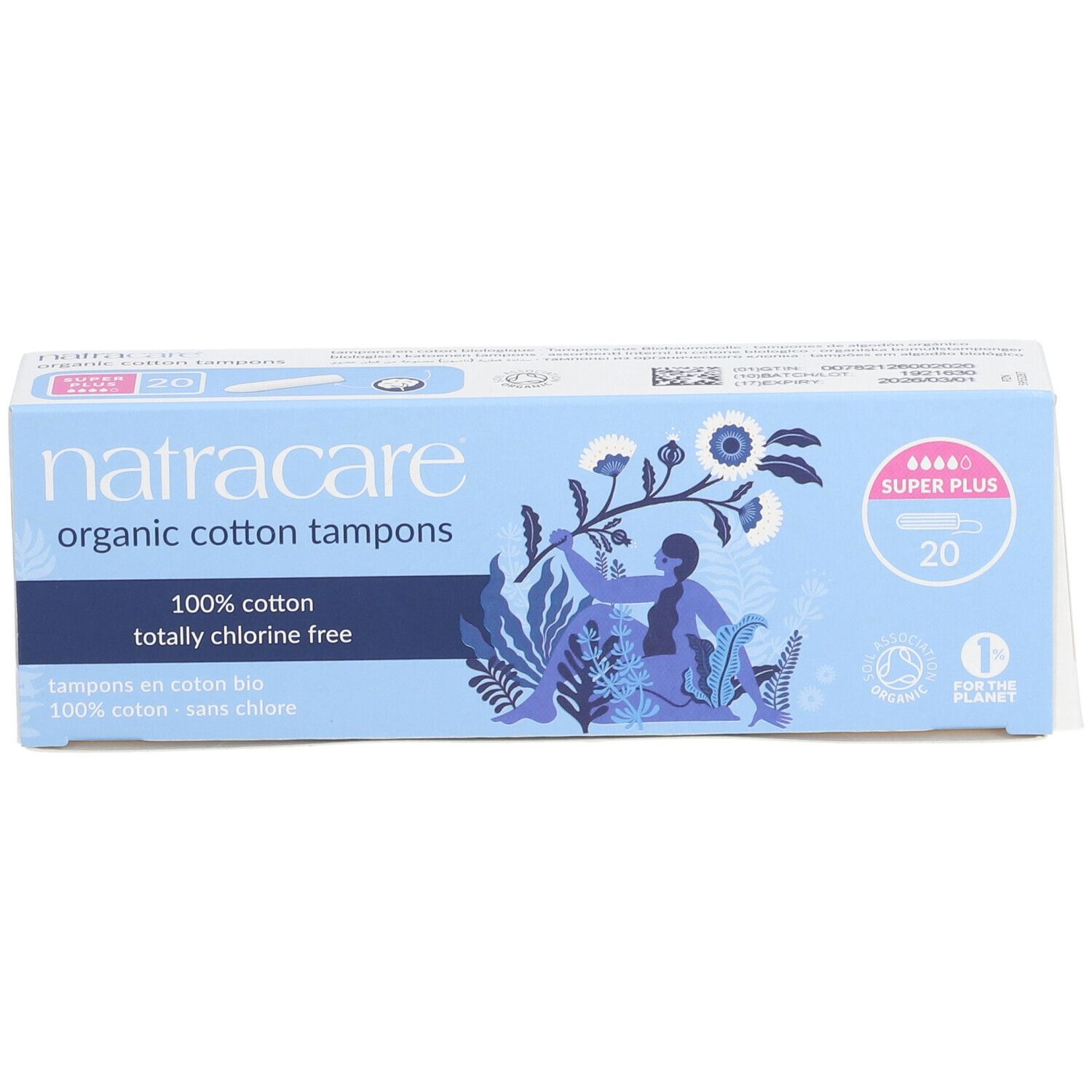 Hellblaue Tampon-Schachtel. Aufschrift: Natracare, organic cotton tampons, Super Plus, 20 Stück. Mit Illustrationen und Logo.