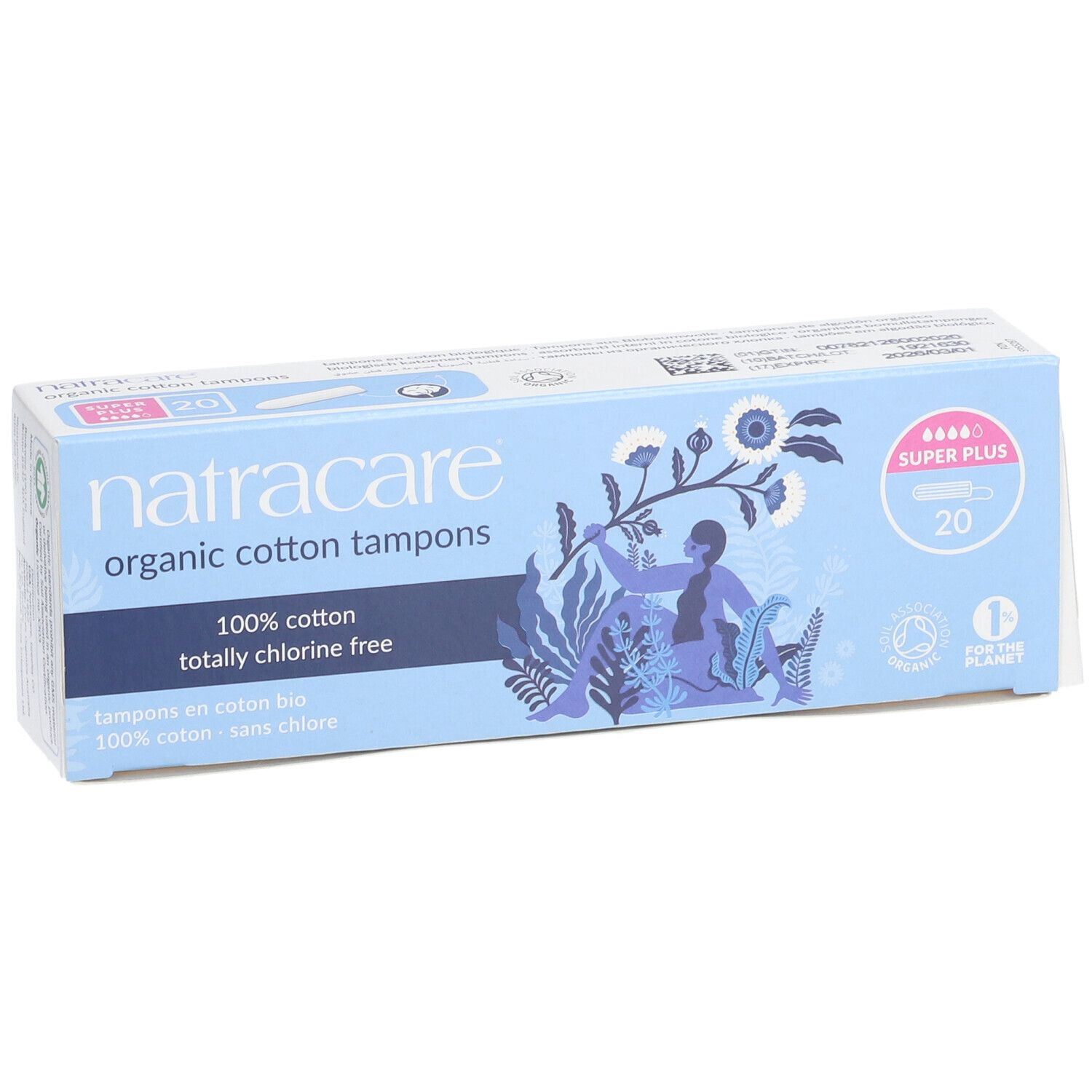Hellblaue Tampon-Schachtel. Aufschrift: Natracare, organic cotton tampons, Super Plus, 20 Stück. Mit Illustrationen und Logo.