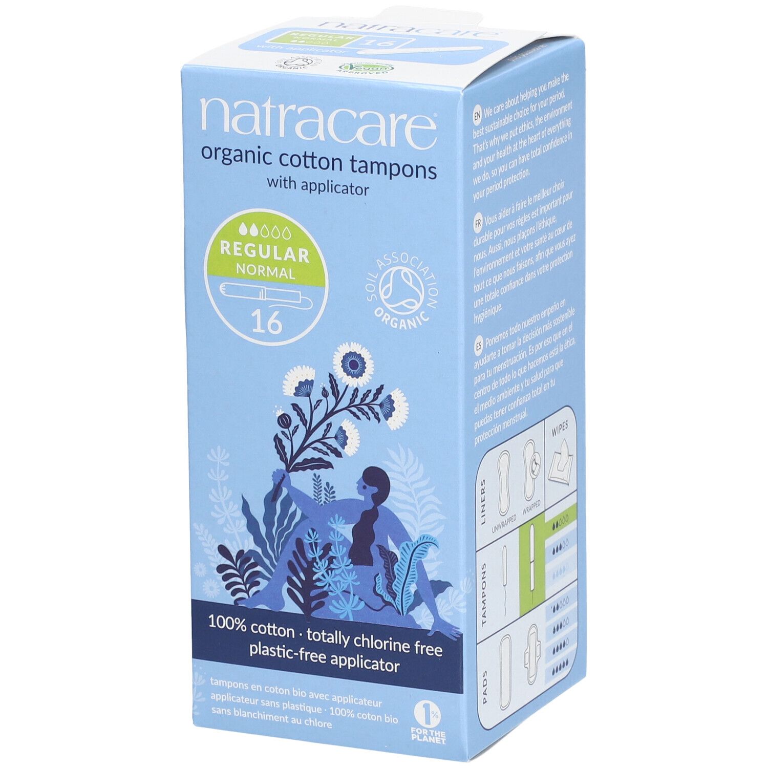 Boîte de tampons Natracare avec applicateur. 16 tampons normaux en coton bio, sans chlore, applicateur sans plastique.