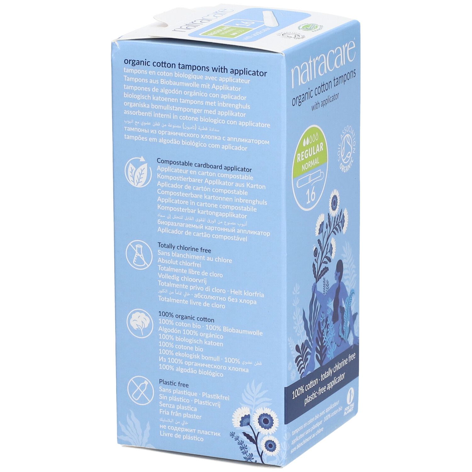 Boîte de tampons Natracare avec applicateur. Informations sur coton bio, sans chlore, applicateur sans plastique.