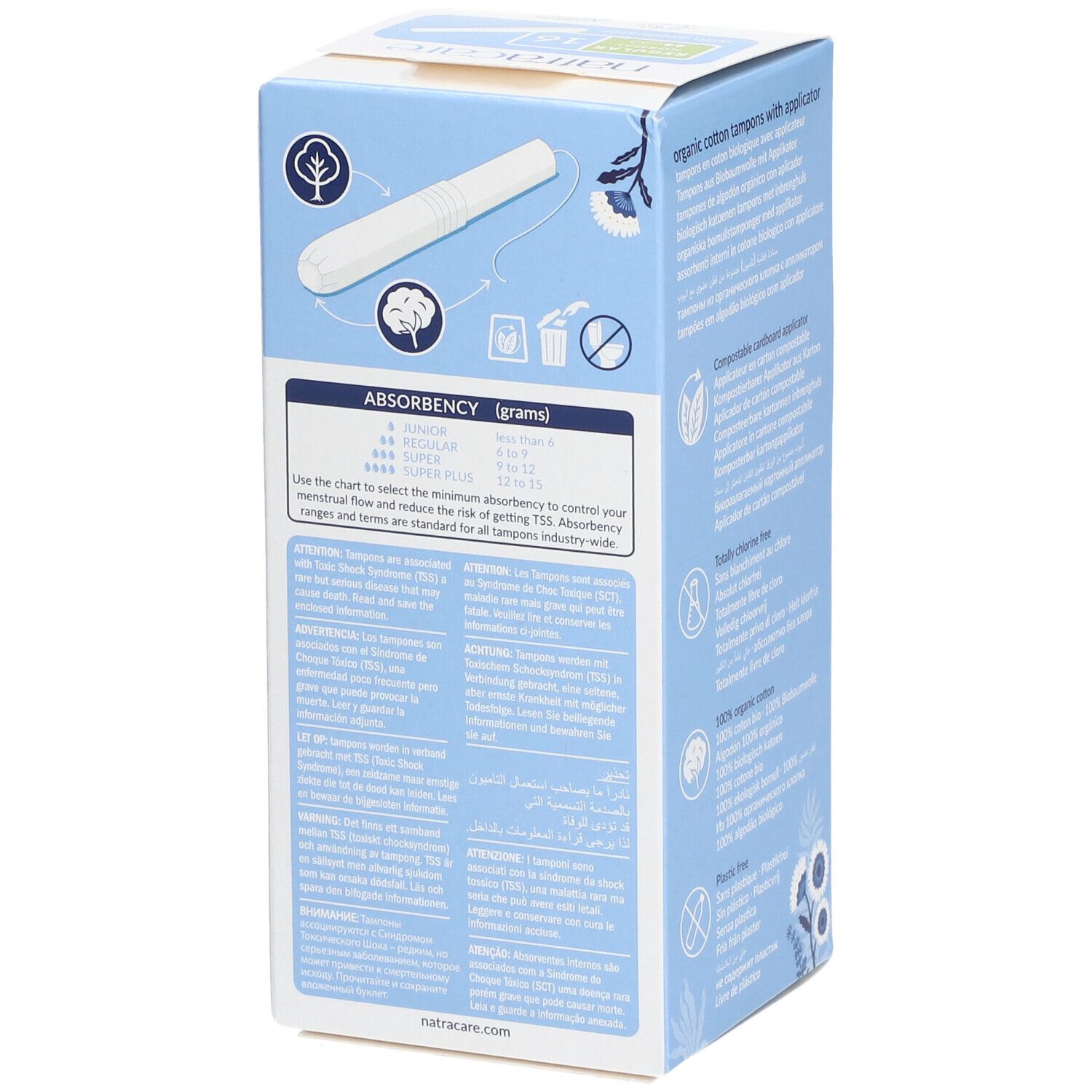 Dos de la boîte de tampons. Informations sur l'absorption. Marque Natracare. Coton bio et applicateur.