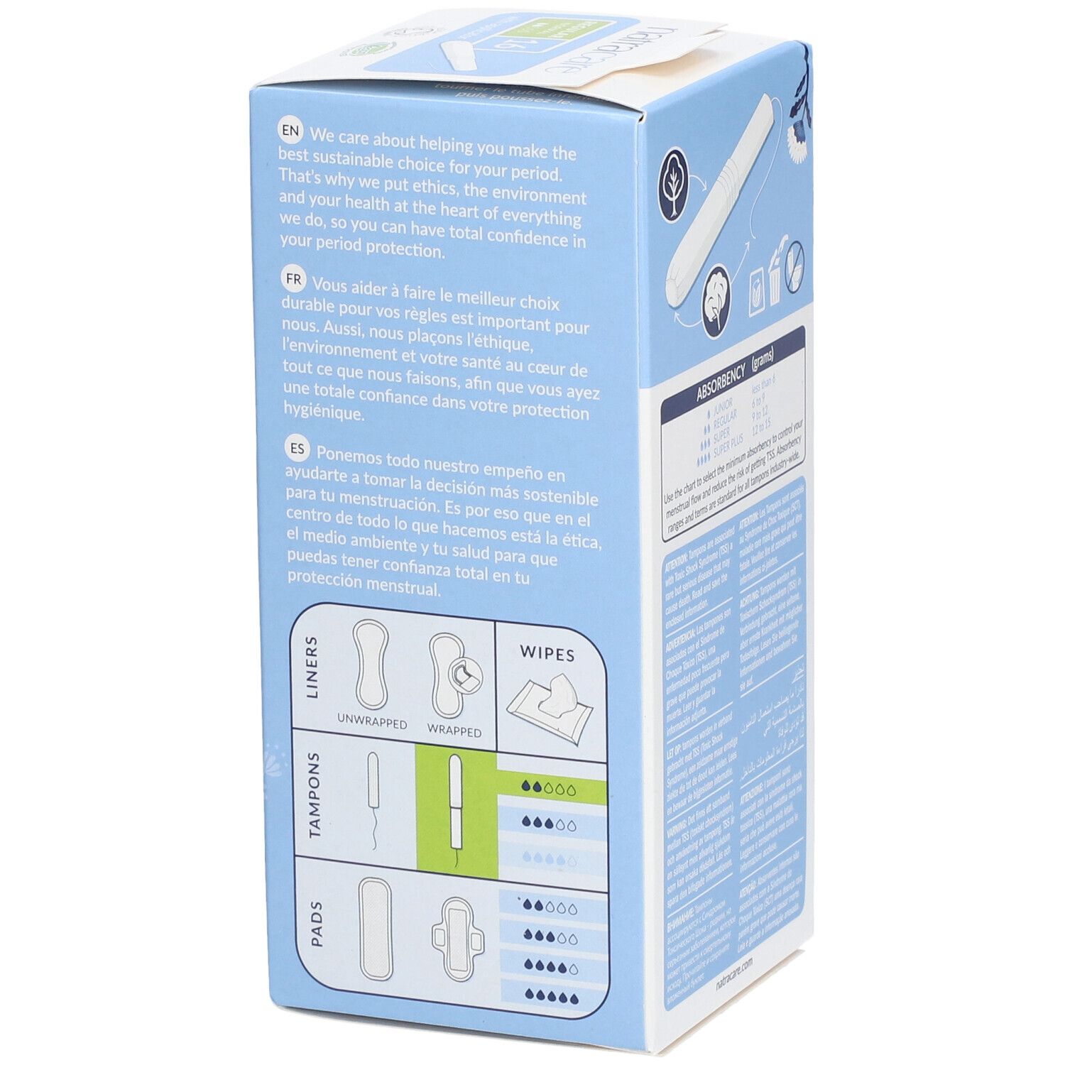 Côté de la boîte de tampons. Informations sur la durabilité et l'utilisation. Marque Natracare. Illustrations.