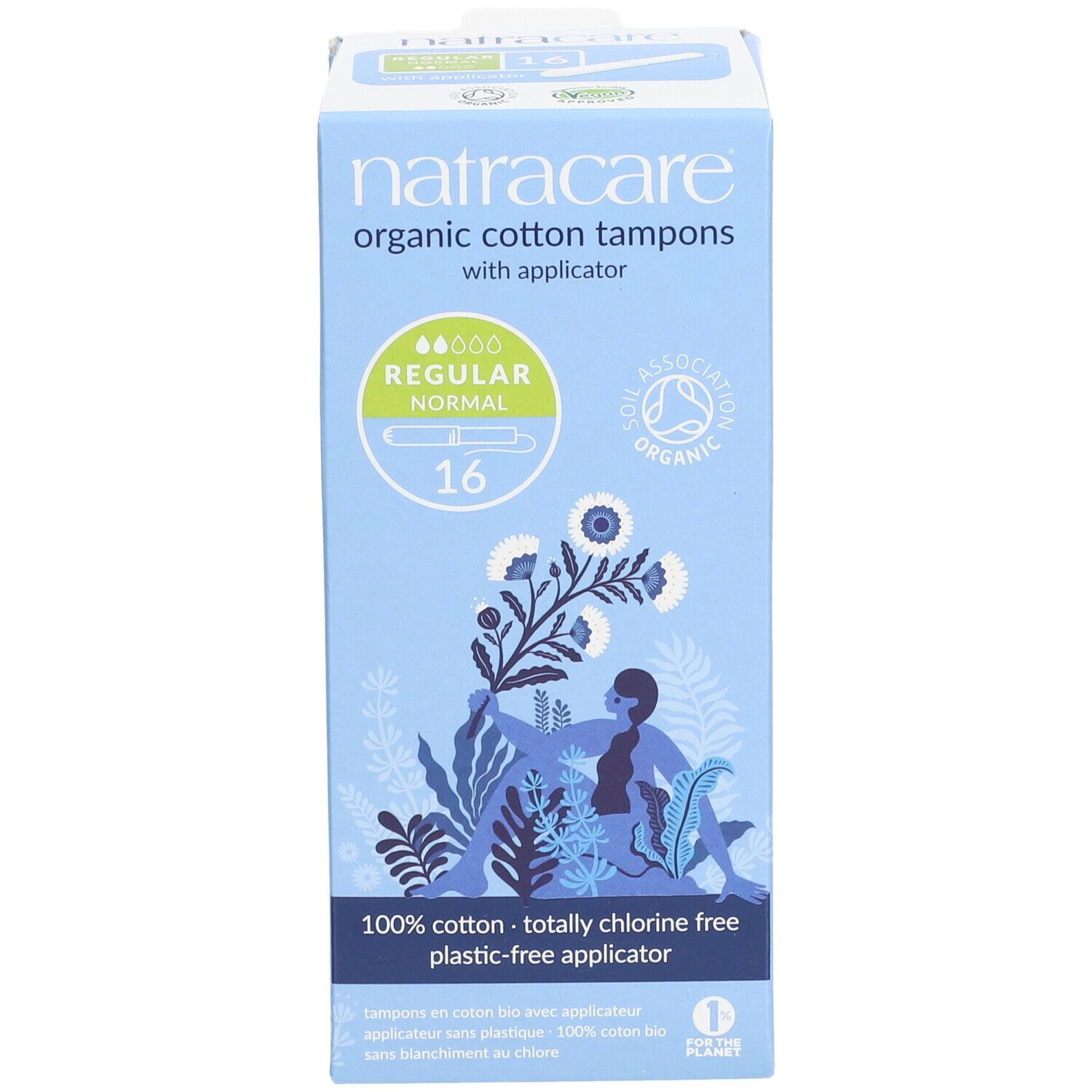 Boîte de tampons Natracare avec applicateur. 16 tampons normaux en coton bio, sans chlore, applicateur sans plastique.