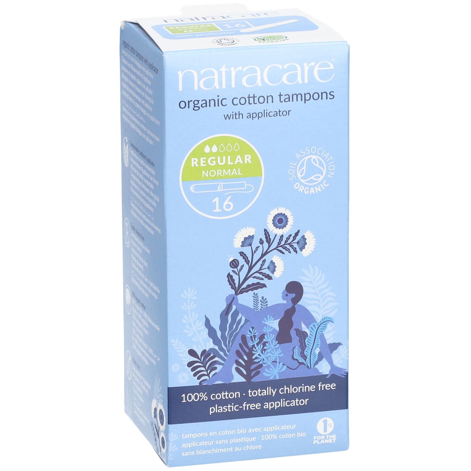 Boîte de tampons Natracare avec applicateur. 16 tampons normaux en coton bio, sans chlore, applicateur sans plastique.