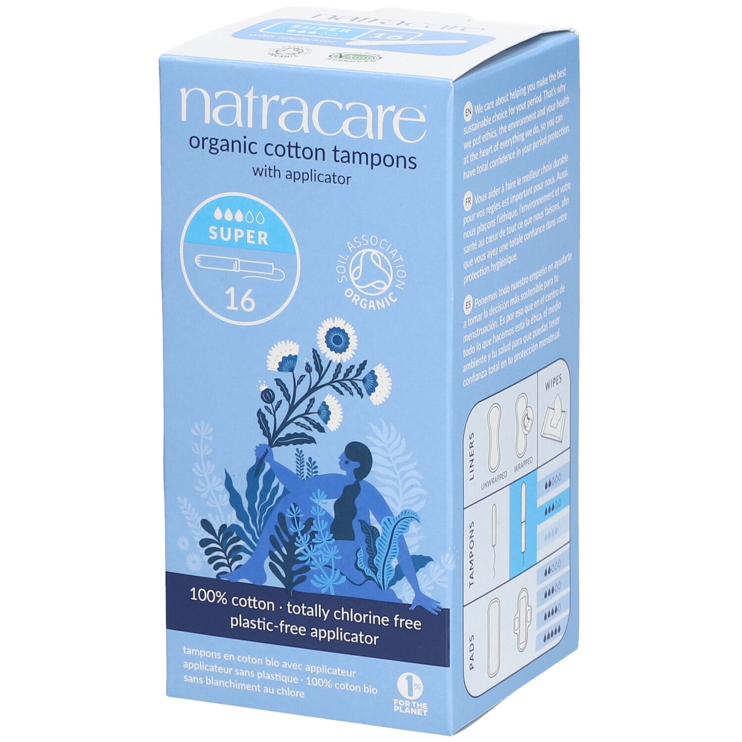 Blau-weiße Schachtel mit Tampons. Aufschrift: Natracare, organic cotton tampons, Super, 16 Stück. Mit Illustrationen.
