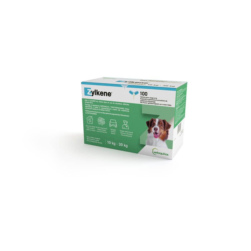 Boîte Zylkene verte et blanche avec 100 gélules. Image d'un chien et texte multilingue. Poids: 10-30 kg.