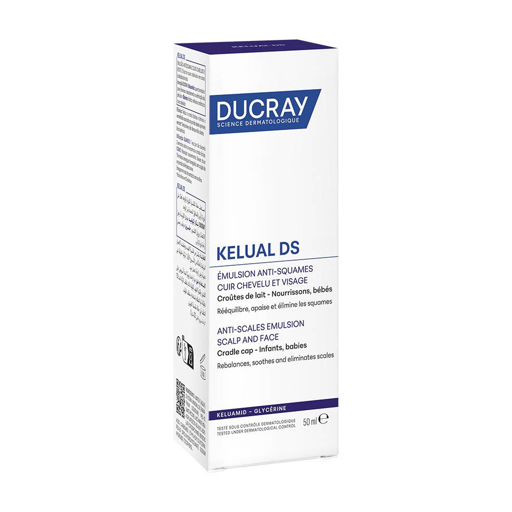 Verpackung der Marke Ducray, Produkt KELU AL DS, Emulsion gegen Schuppen für Kopfhaut und Gesicht.