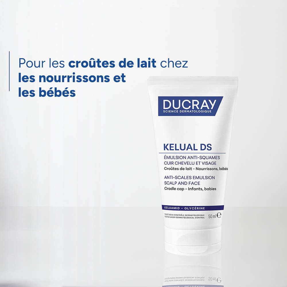 Weiße Tube mit blauem Deckel, Ducray Kelual DS Emulsion Anti-Squames.