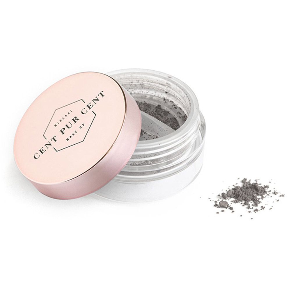 Pot ouvert d'ombre à paupières minérale Greige. Poudre grise, couvercle argenté, fond blanc.