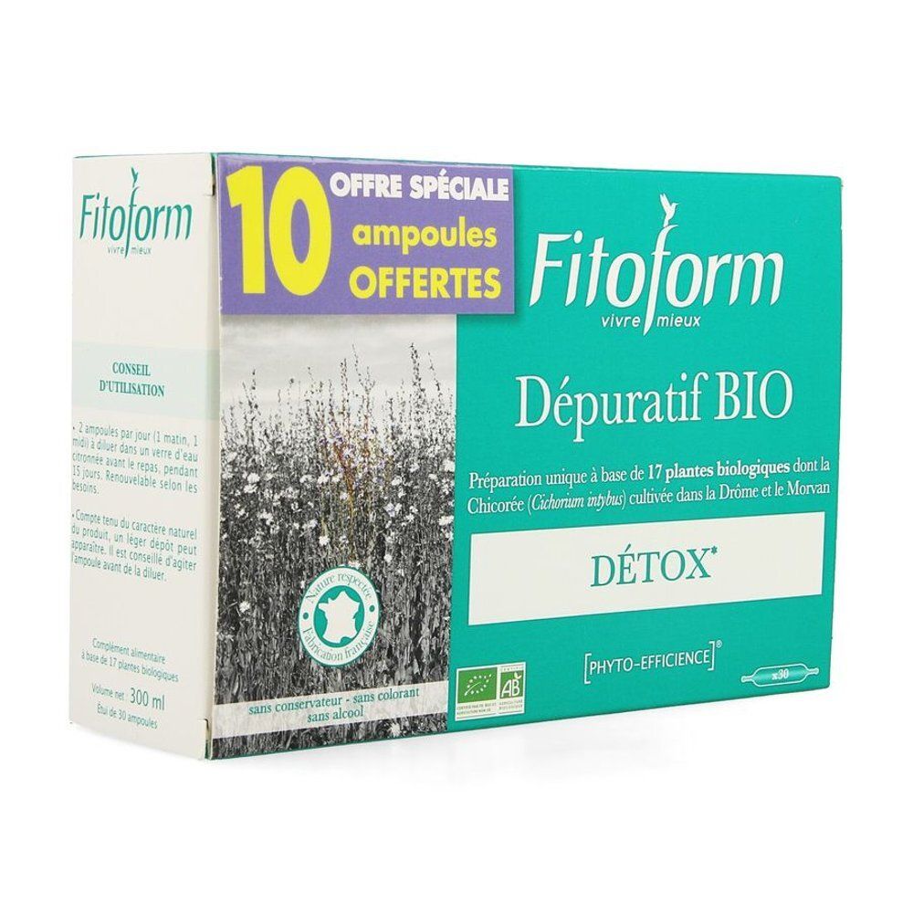 Boîte de Bioholistic Fitoform Dépuratif. Inscription 'Dépuratif BIO'. Contient 10 ampoules. Label bio.