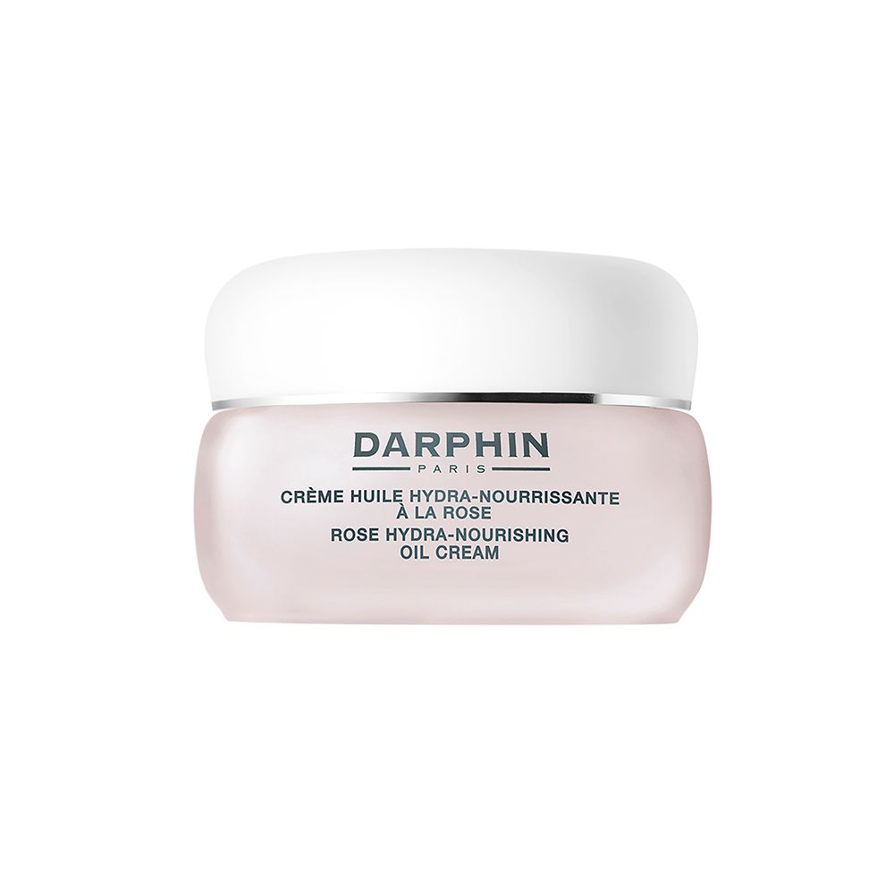 Creme-Tiegel mit weißem Deckel. Aufschrift: DARPHIN PARIS, Crème Huile Hydra-Nourrissante à la Rose, Rose Hydra-Nourishing Oil Cream.