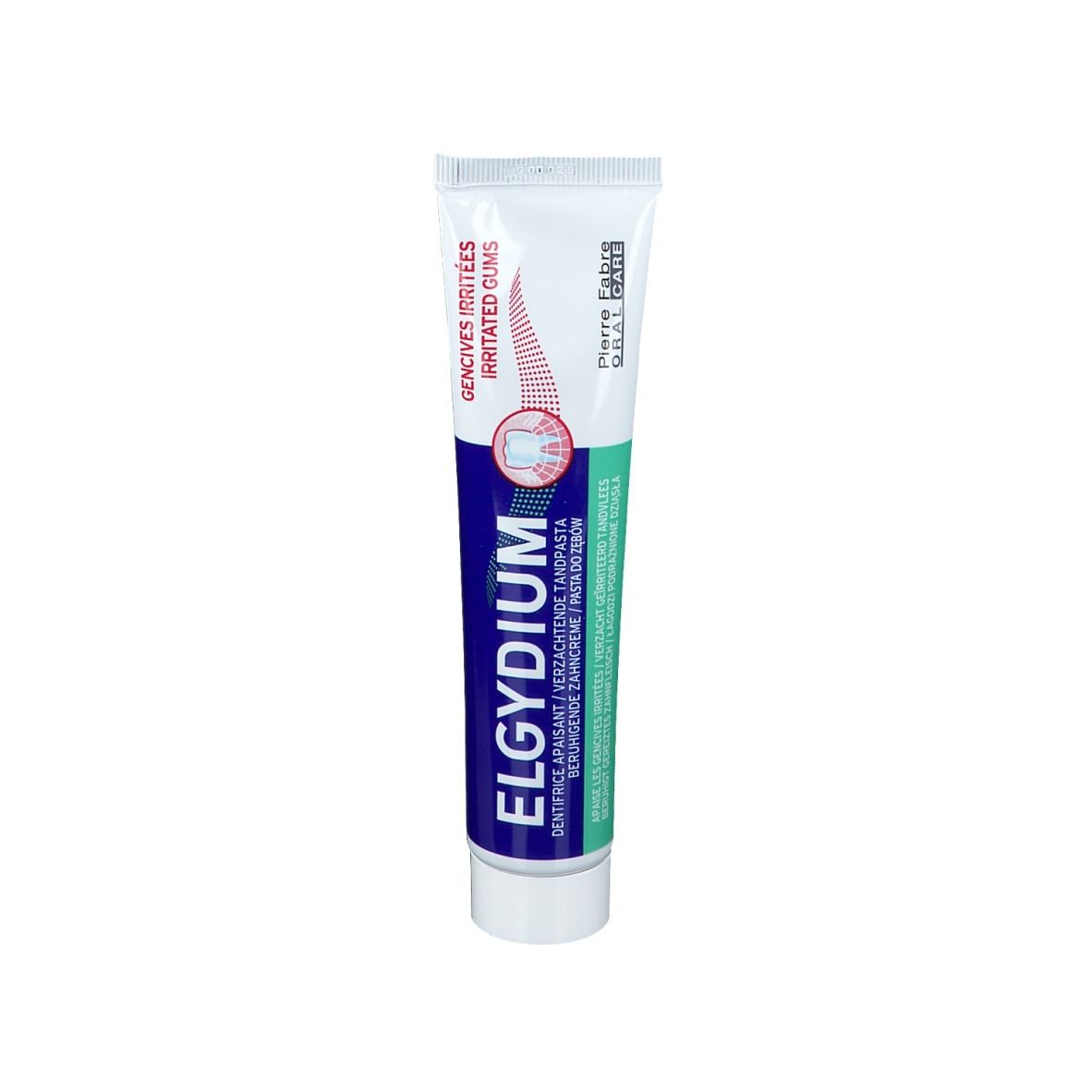 Zahnpasta-Tube mit blauer, weißer und grüner Farbgebung. Aufschrift: ELGYDIUM, für gereiztes Zahnfleisch.