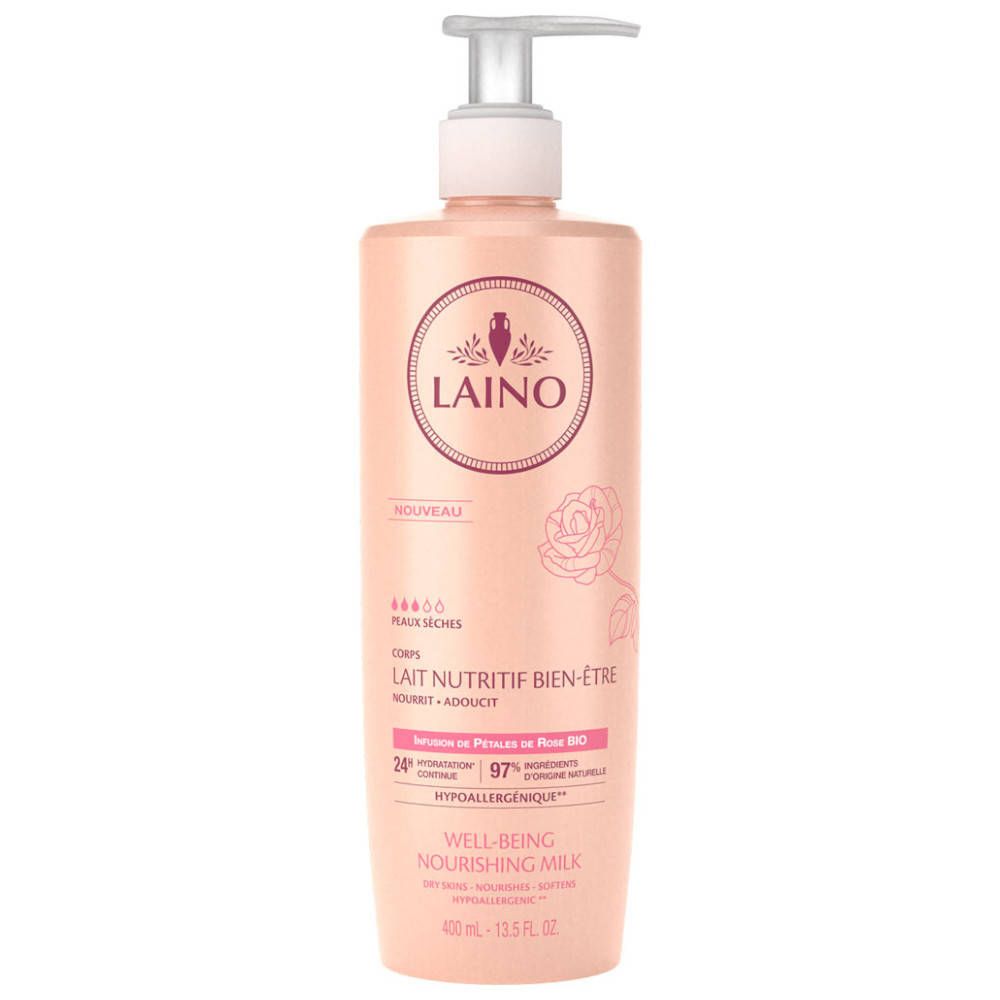 Flacon rose avec pompe. Logo LAINO et nom du produit. Texte: Lait Nutritif Bien-Être, Well-Being Nourishing Milk.