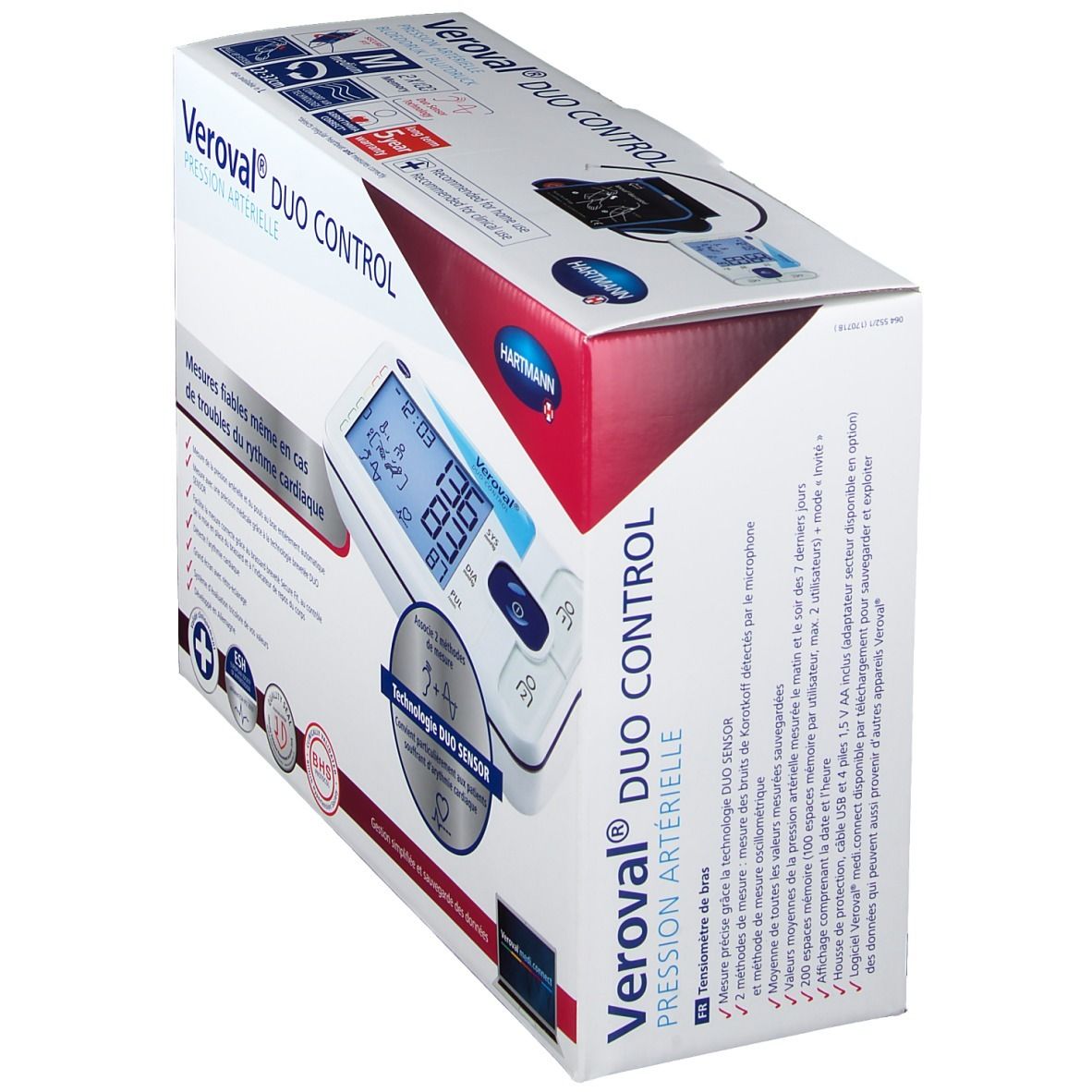Tensiomètre Veroval DUO CONTROL en boîte. Vue en angle. Écran numérique avec valeurs. Logo Hartmann.