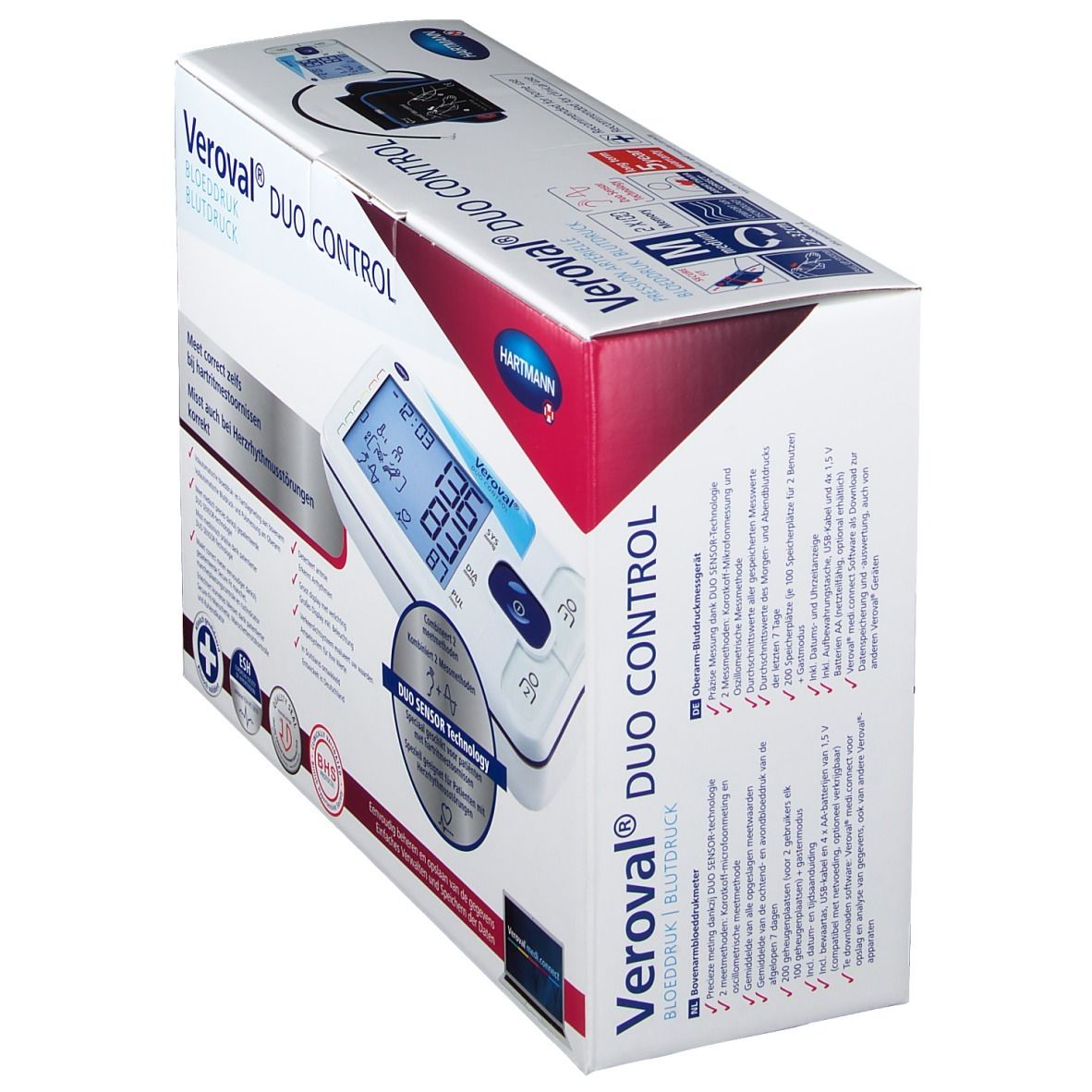 Tensiomètre Veroval DUO CONTROL en boîte. Vue en angle. Écran numérique avec valeurs. Logo Hartmann.