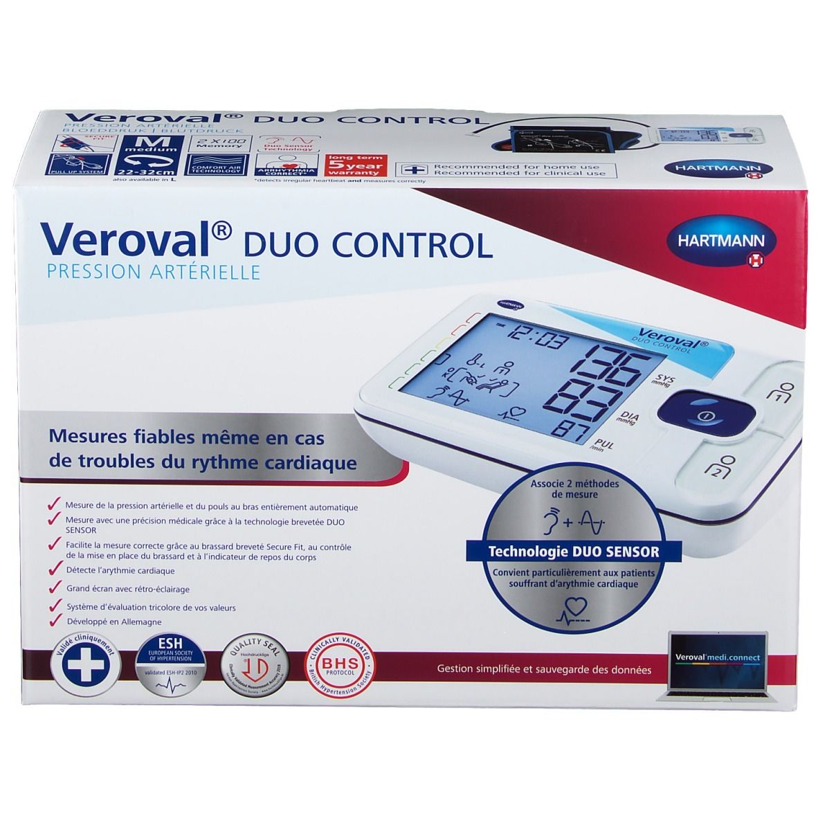 Tensiomètre Veroval DUO CONTROL en boîte. Écran numérique avec valeurs. Logo Hartmann. Label de qualité BHS.