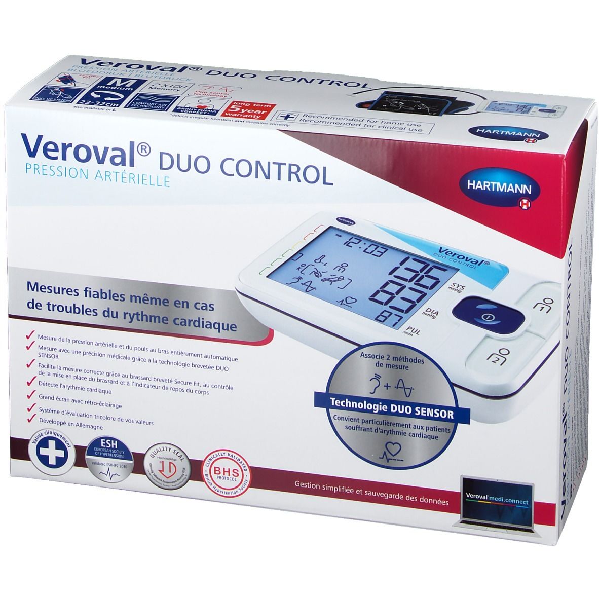 Tensiomètre Veroval DUO CONTROL en boîte. Écran numérique avec valeurs. Logo Hartmann. Label de qualité BHS.
