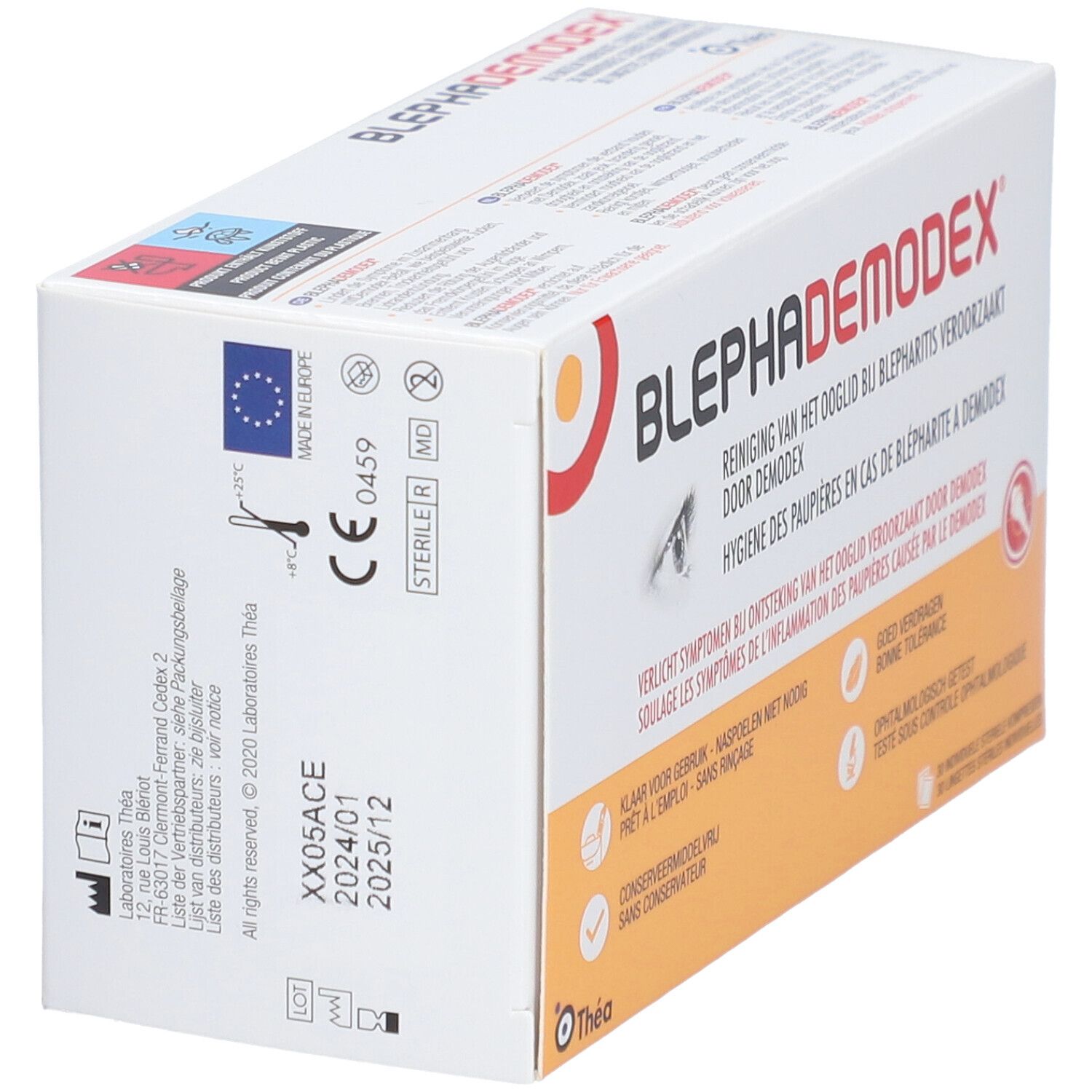 Verpackung von BLEPHADEMODEX Reinigungstücher. Enthält Informationen wie CE-Kennzeichnung, Chargennummer und Verfallsdatum.