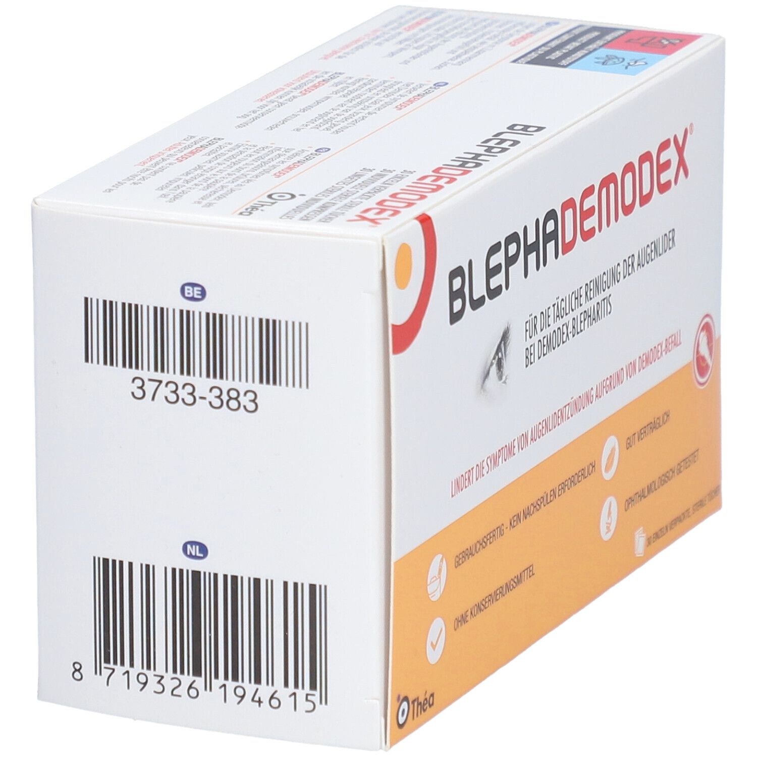 Rückseite der Verpackung von BLEPHADEMODEX Reinigungstücher. Mit Barcodes und Herstellerinformationen.