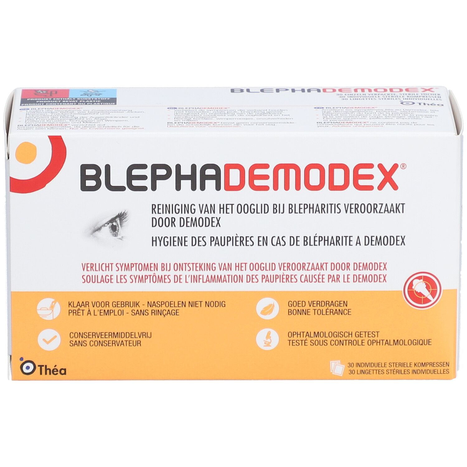Verpackung von BLEPHADEMODEX Reinigungstücher. Enthält 30 sterile Kompressen. Aufdrucke in Deutsch, Niederländisch und Französisch.